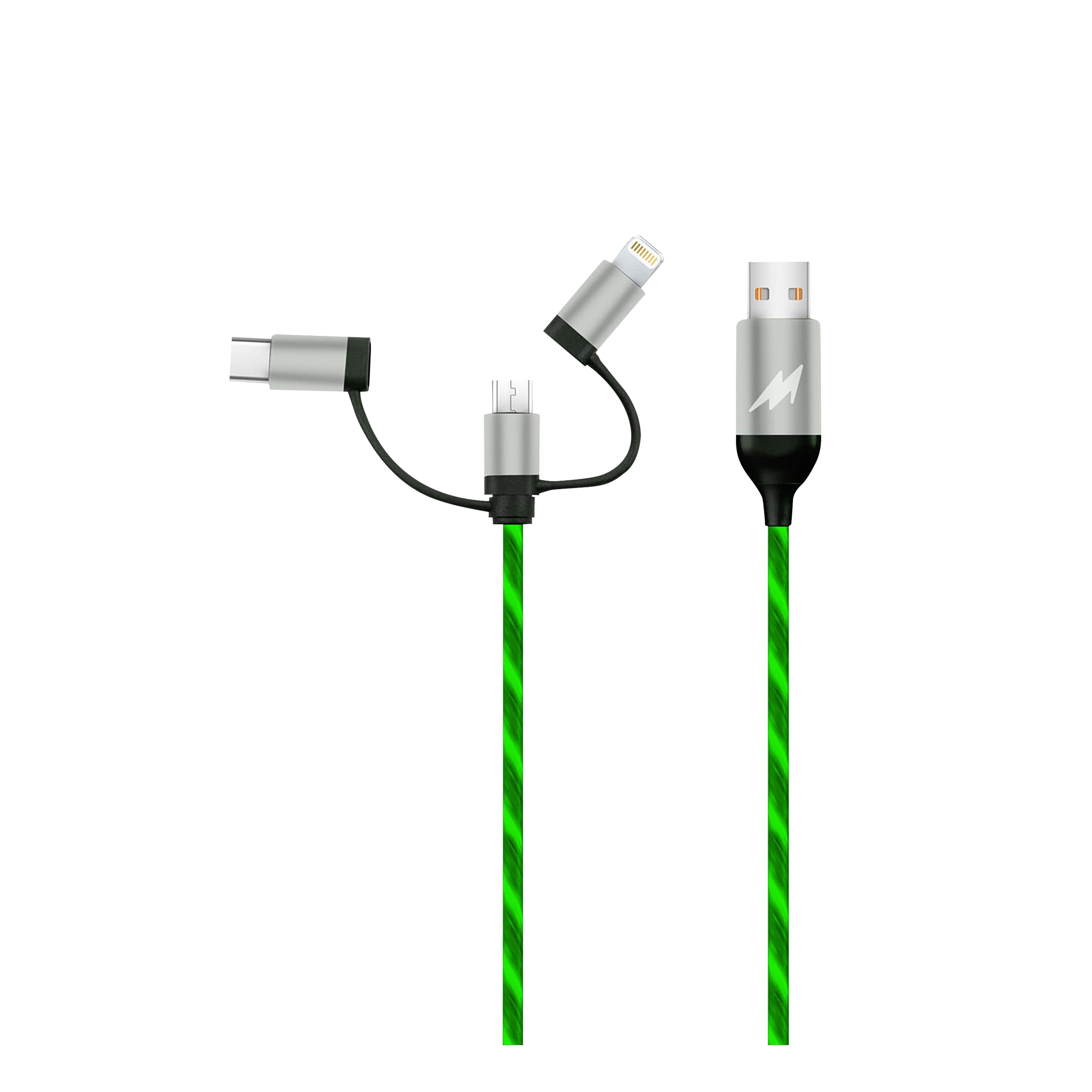 Macmerise Illume Type A to Type C, Micro USB, Lightning 3.3 Feet (1M) 3-in-1 Cable (LED Light Flow, Green)_1