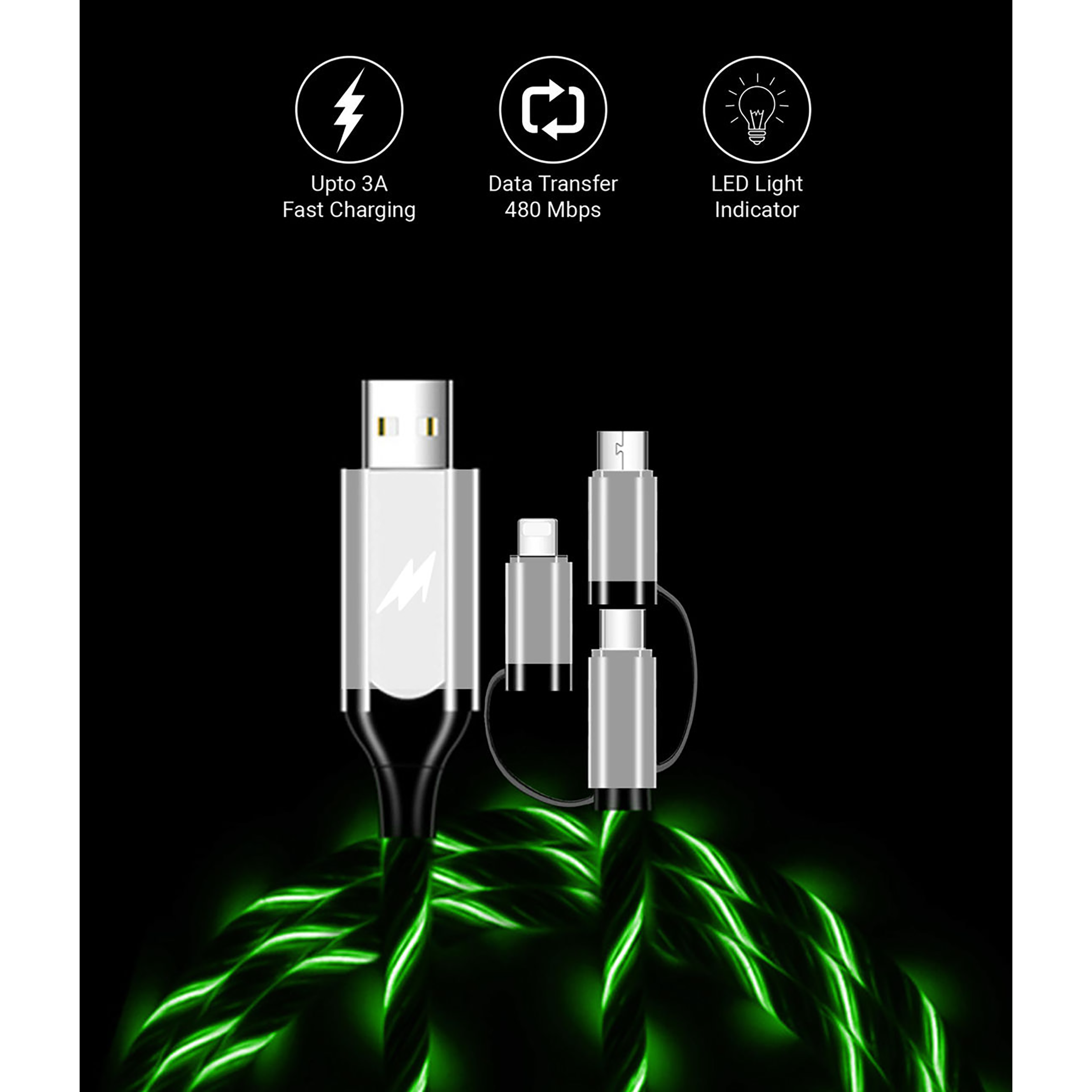 Macmerise Illume Type A to Type C, Micro USB, Lightning 3.3 Feet (1M) 3-in-1 Cable (LED Light Flow, Green)_6