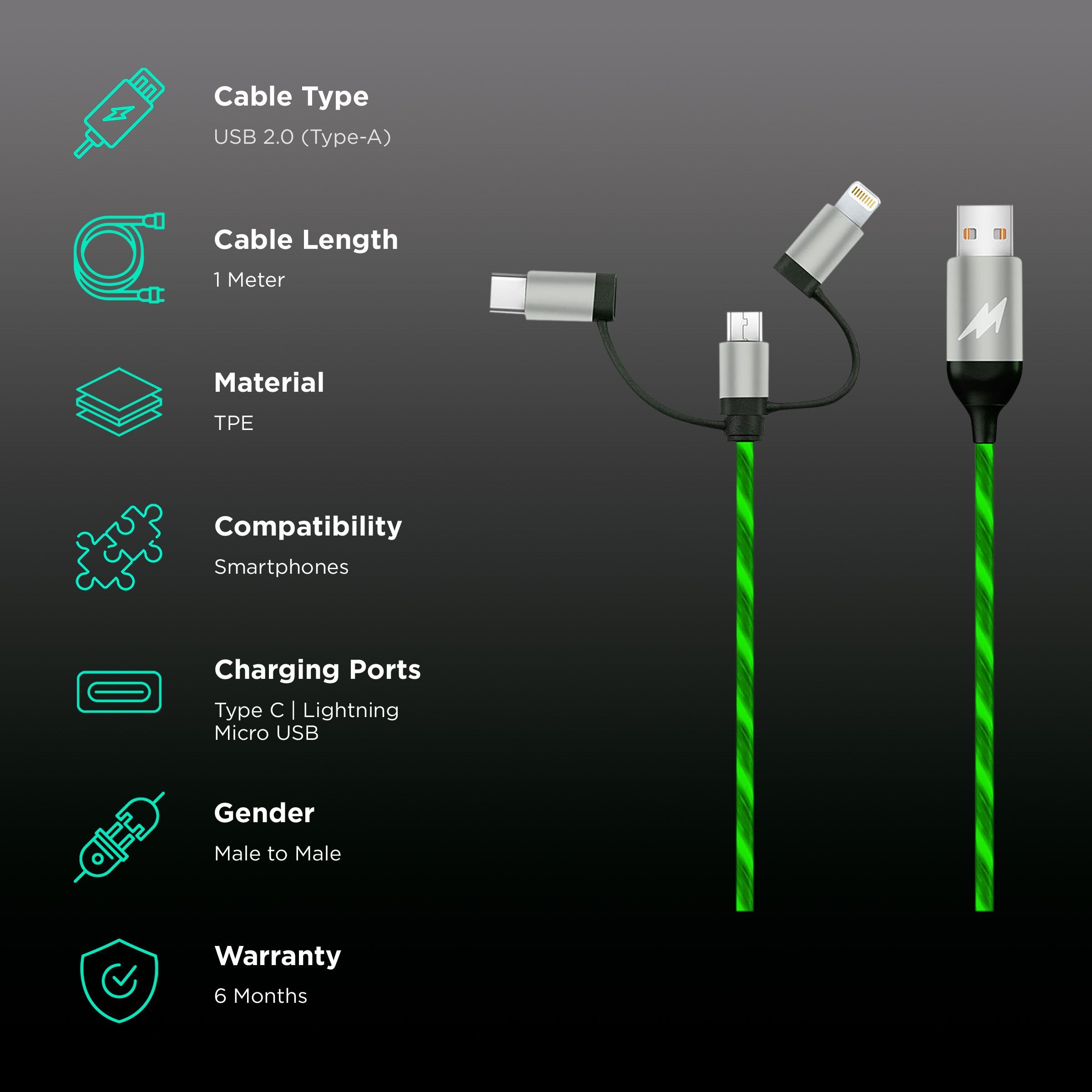 Macmerise Illume Type A to Type C, Micro USB, Lightning 3.3 Feet (1M) 3-in-1 Cable (LED Light Flow, Green)_2