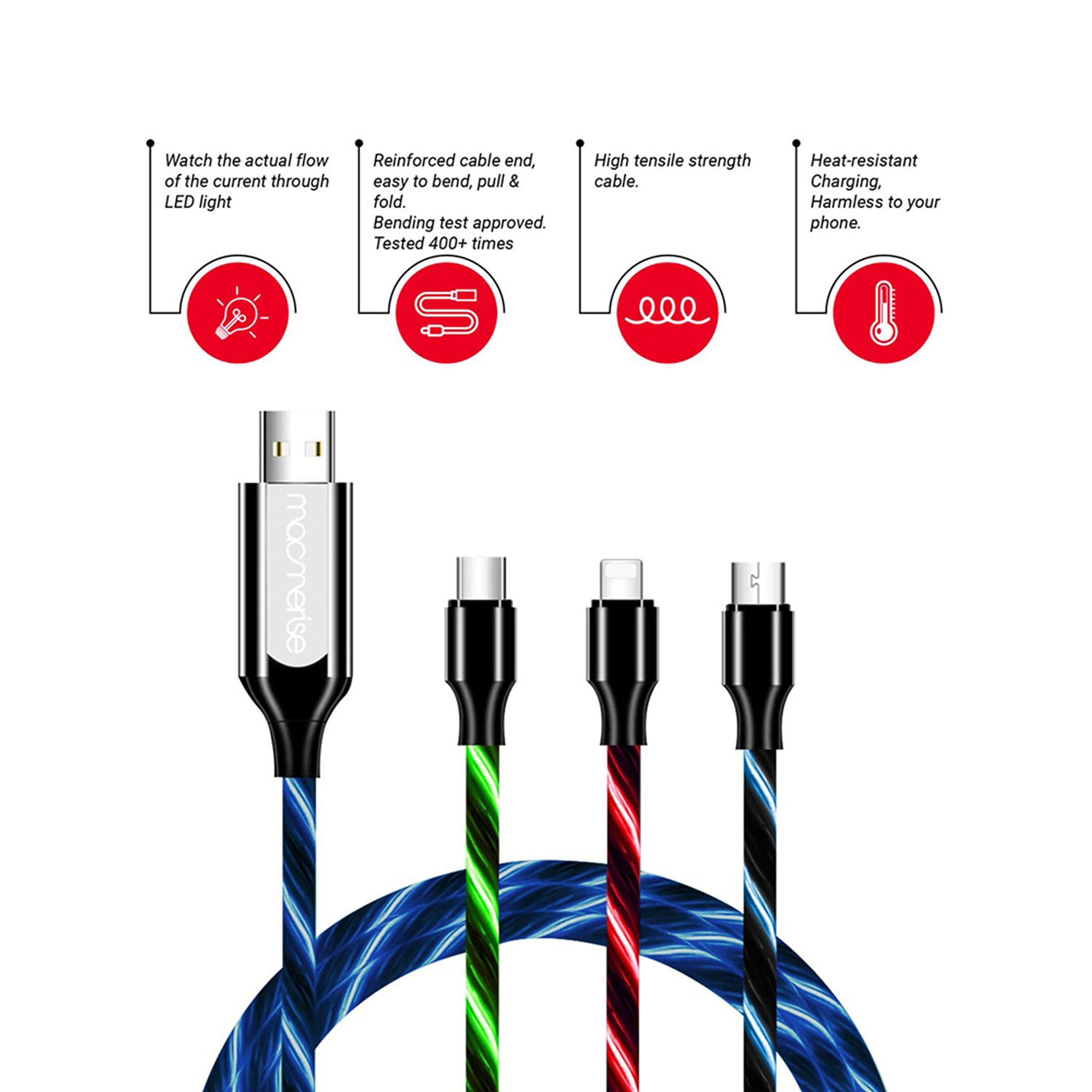 Macmerise Illume Type A to Type C, Micro USB, Lightning 3.3 Feet (1M) 3-in-1 Cable (LED Light Flow, Green)_5