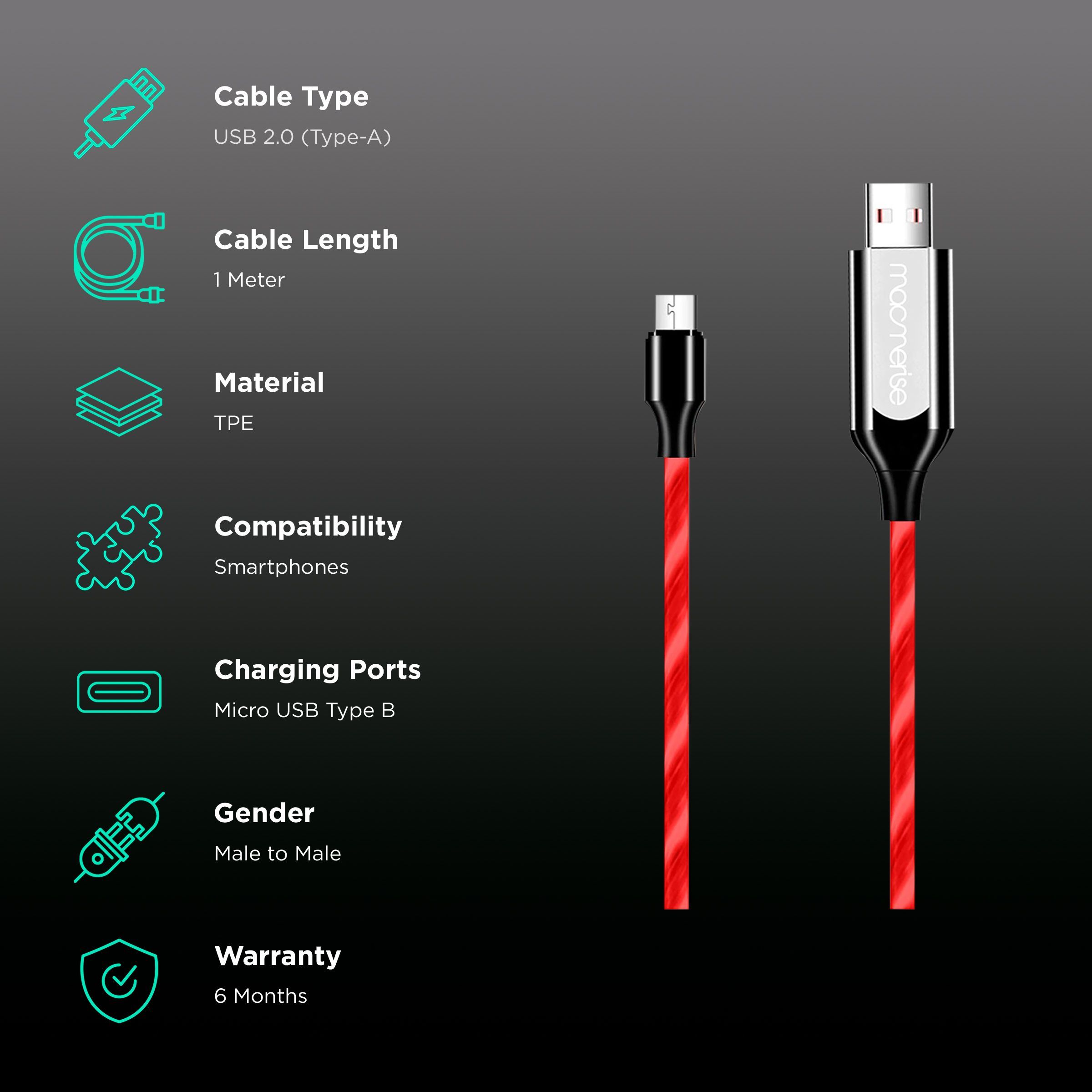 Macmerise Illume Type A to Micro USB 3.3 Feet (1M) Cable (LED Light Flow, Red)_2