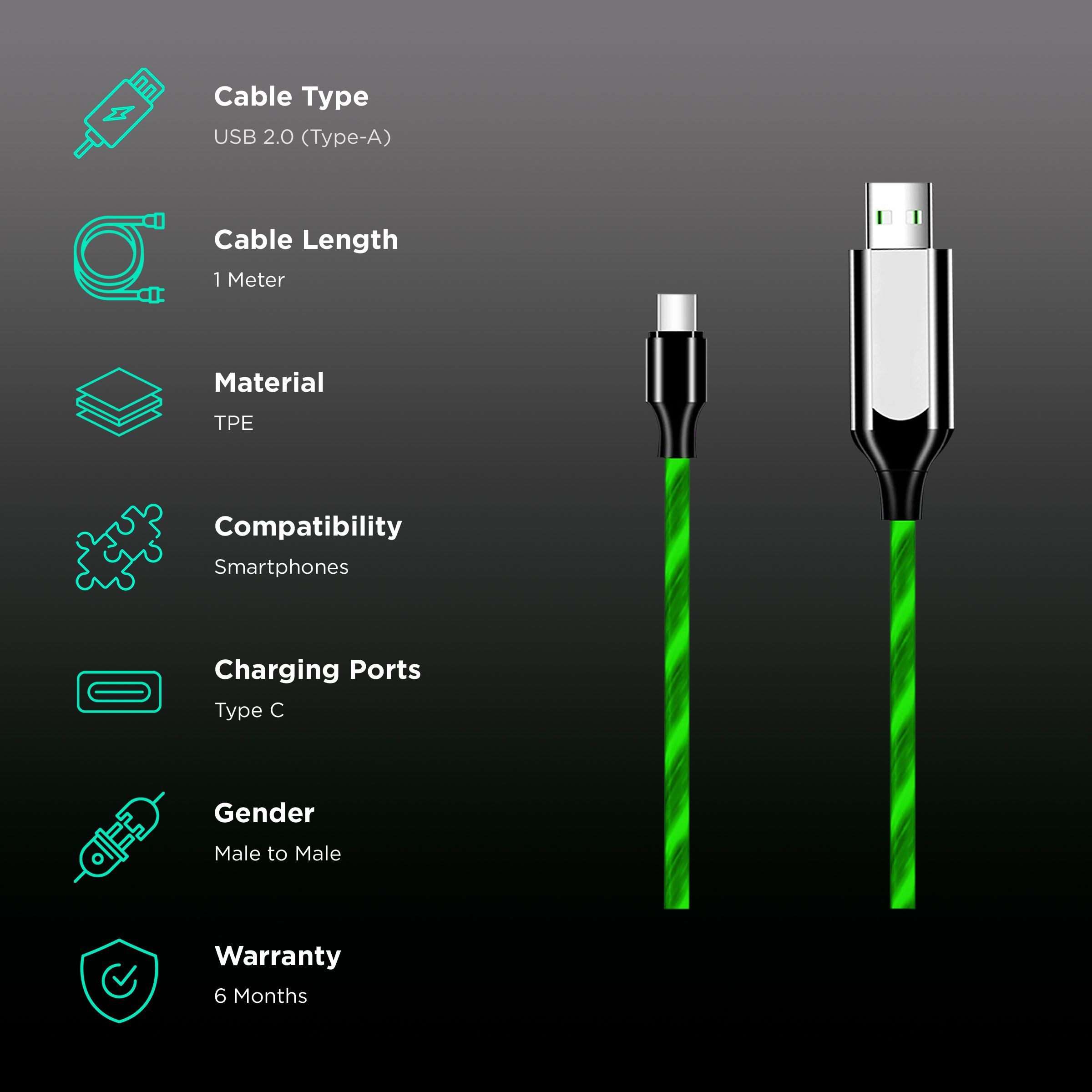 Macmerise Illume Type A to Type C 3.3 Feet (1M) Cable (LED Light Flow, Green)_2