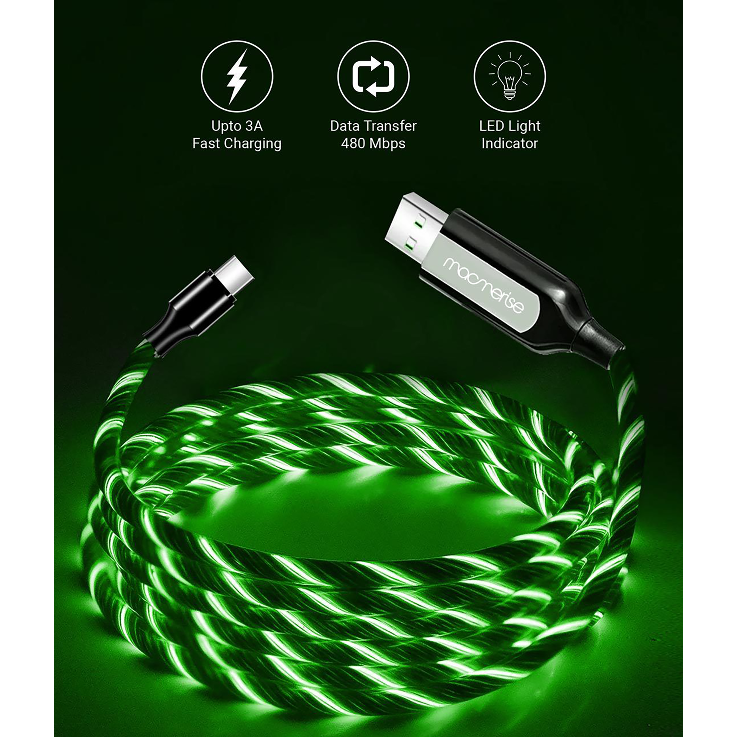 Macmerise Illume Type A to Type C 3.3 Feet (1M) Cable (LED Light Flow, Green)_3