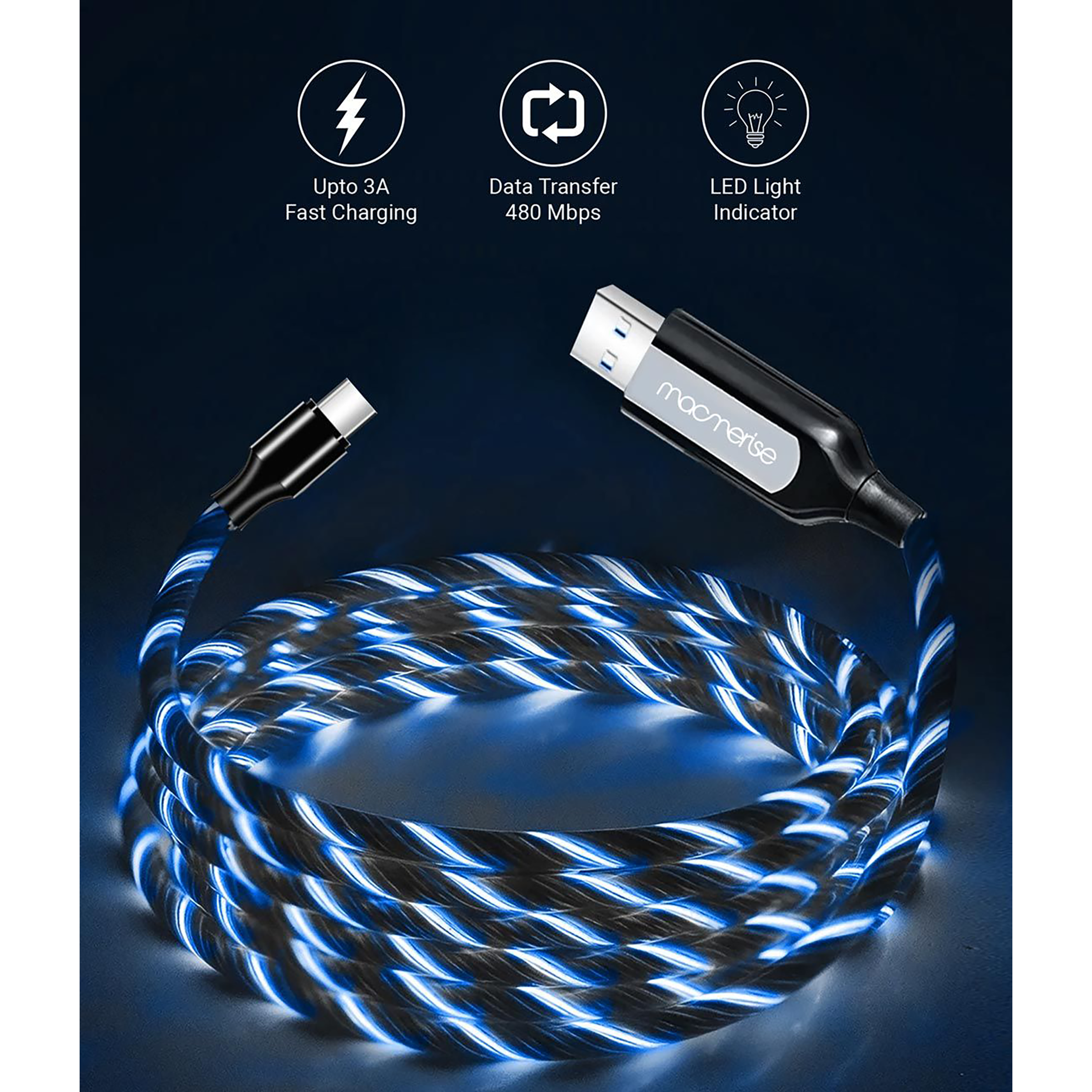 Macmerise Illume Type A to Type C 3.3 Feet (1M) Cable (LED Light Flow, Black) Macmerise Illume Type A to Type C 3.3 Feet (1M) Cable (LED Light Flow, Black)_3