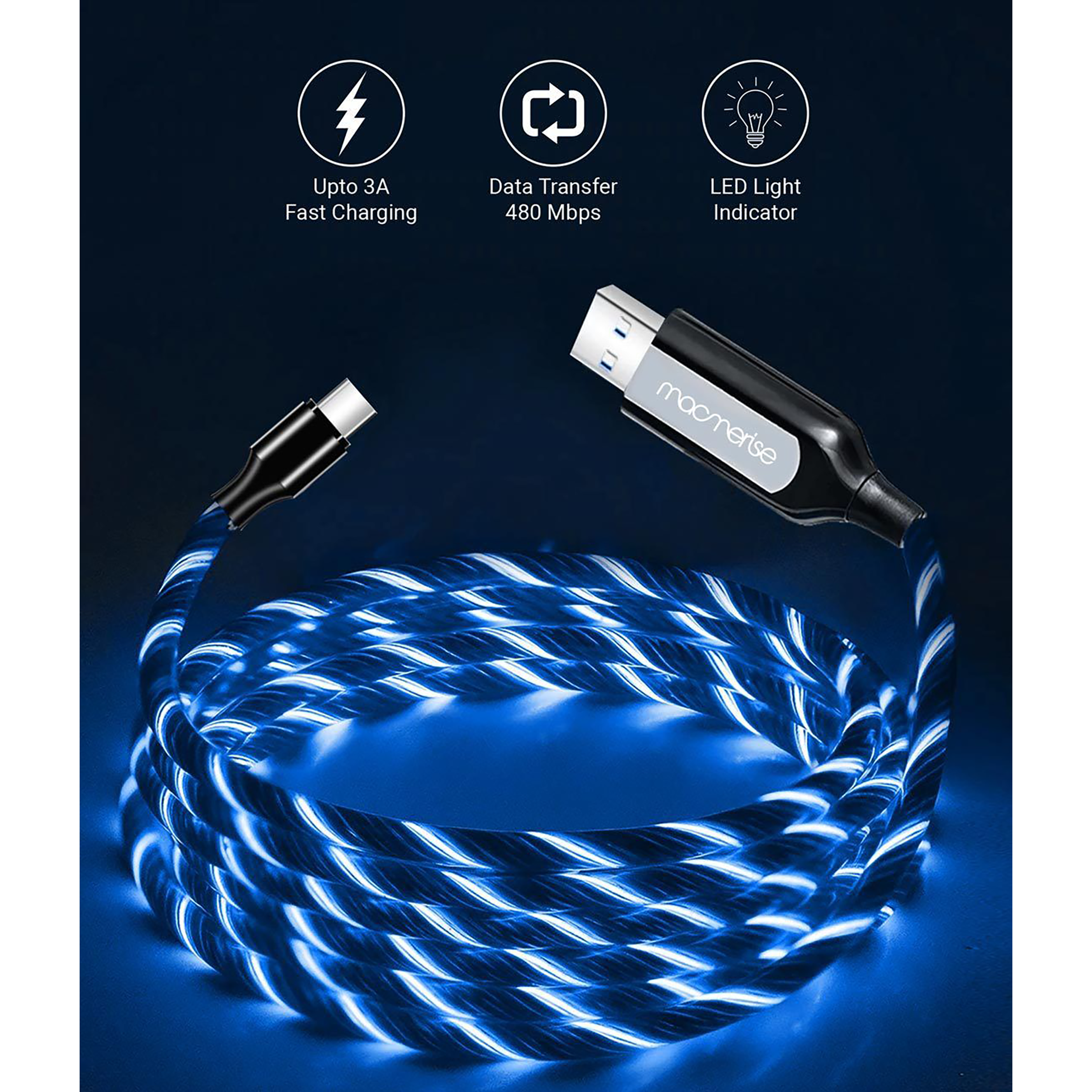 Macmerise Illume Type A to Type C 3.3 Feet (1M) Cable (LED Light Flow, Blue) Macmerise Illume Type A to Type C 3.3 Feet (1M) Cable (LED Light Flow, Blue)_5