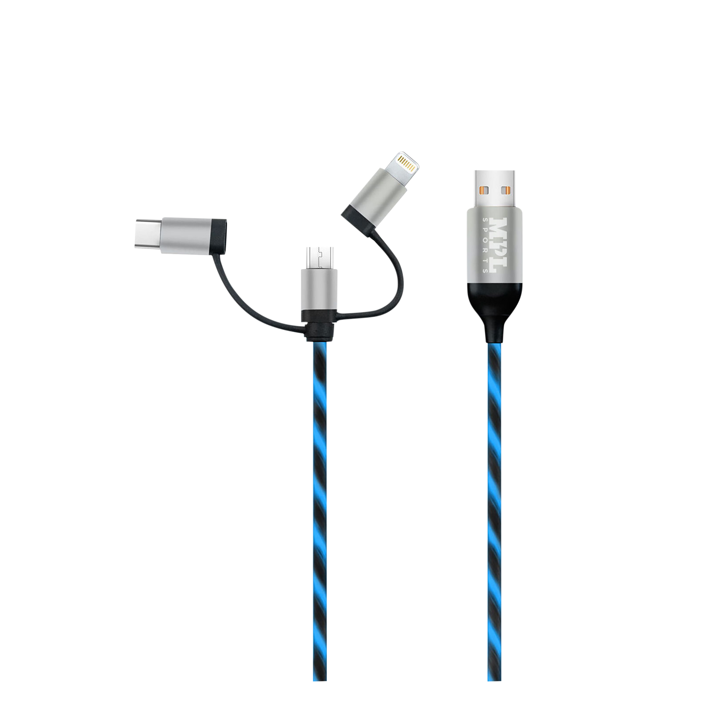 Macmerise Illume Type A to Type C, Micro USB, Lightning 3.3 Feet (1M) 3-in-1 Cable (LED Light Flow, Black)_1