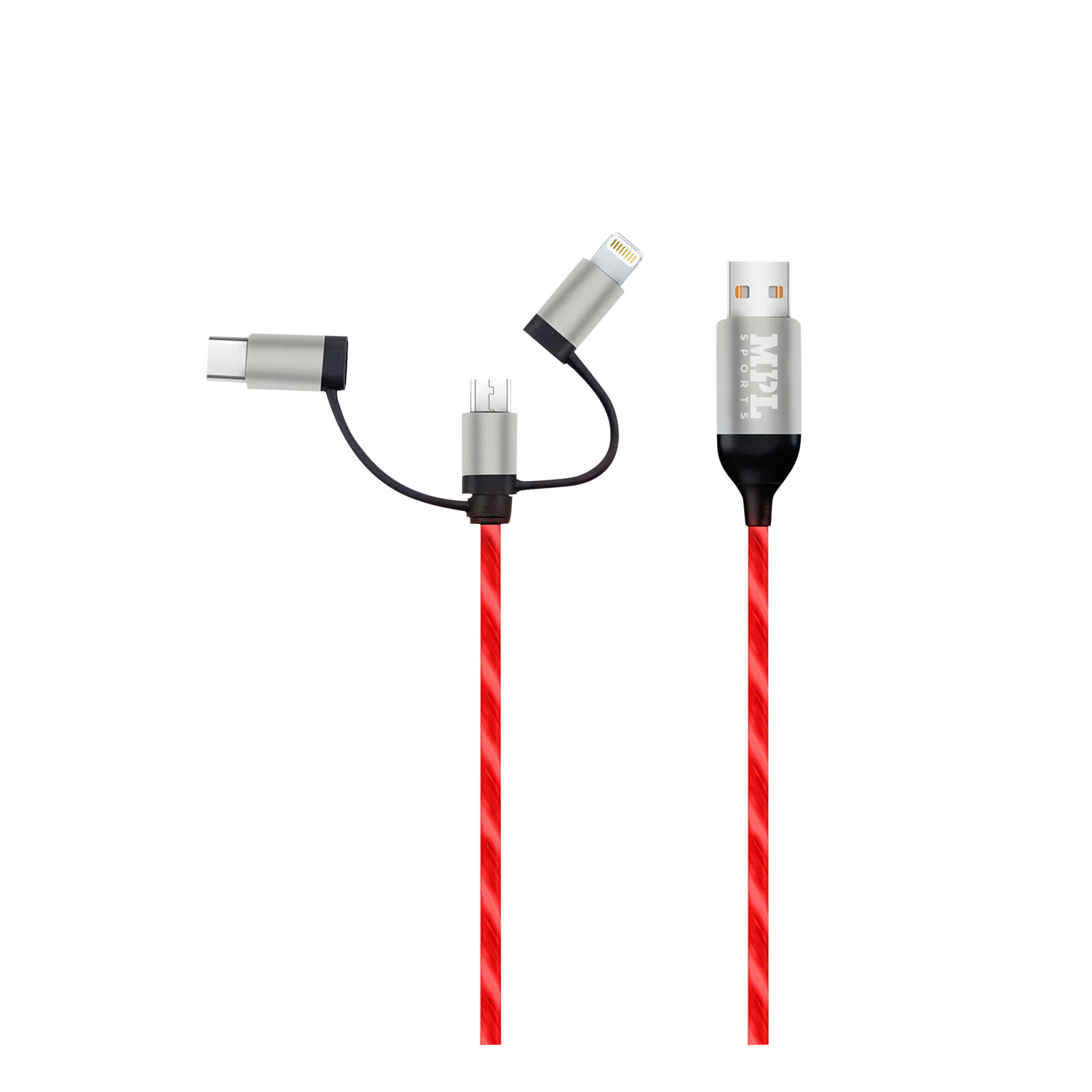 Macmerise Illume Type A to Type C, Micro USB, Lightning 3.3 Feet (1M) 3-in-1 Cable (LED Light Flow, Red/Silver)_1