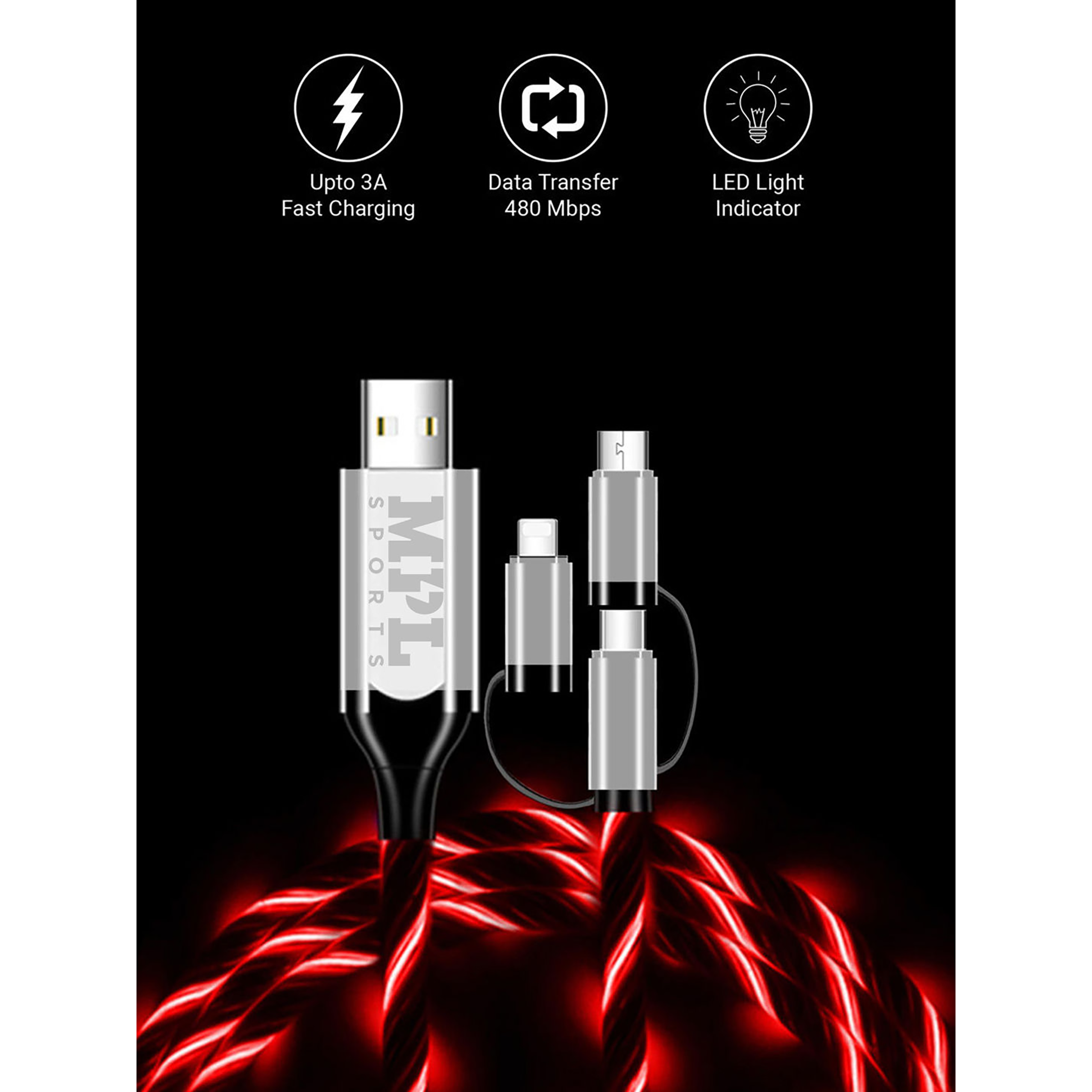 Macmerise Illume Type A to Type C, Micro USB, Lightning 3.3 Feet (1M) 3-in-1 Cable (LED Light Flow, Red/Silver)_3