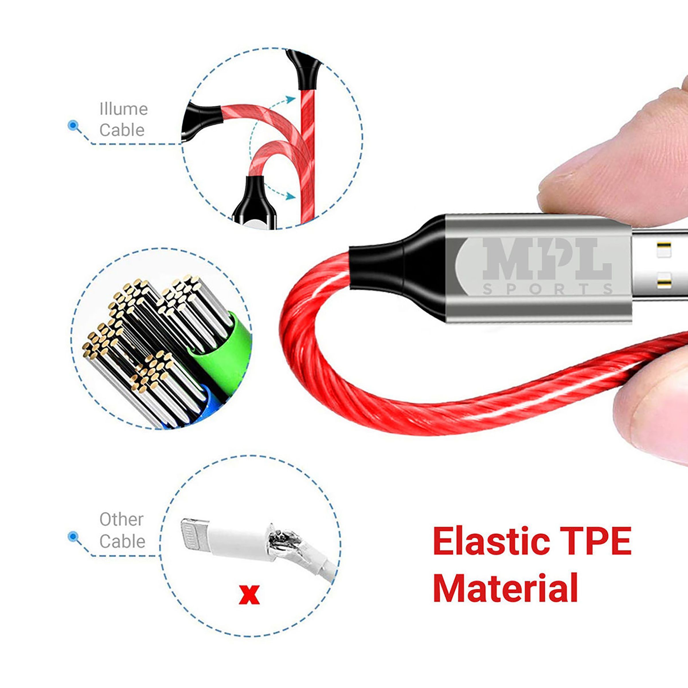 Macmerise Illume Type A to Type C, Micro USB, Lightning 3.3 Feet (1M) 3-in-1 Cable (LED Light Flow, Red/Silver)_4