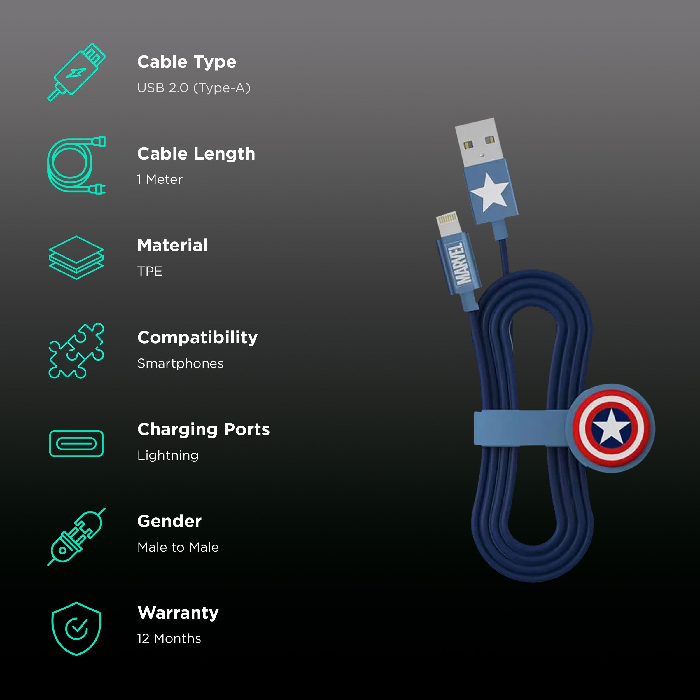 Macmerise Captain America Type A to Lightning 3.3 Feet (1M) Cable (MFi Certified, Multicolor)_2