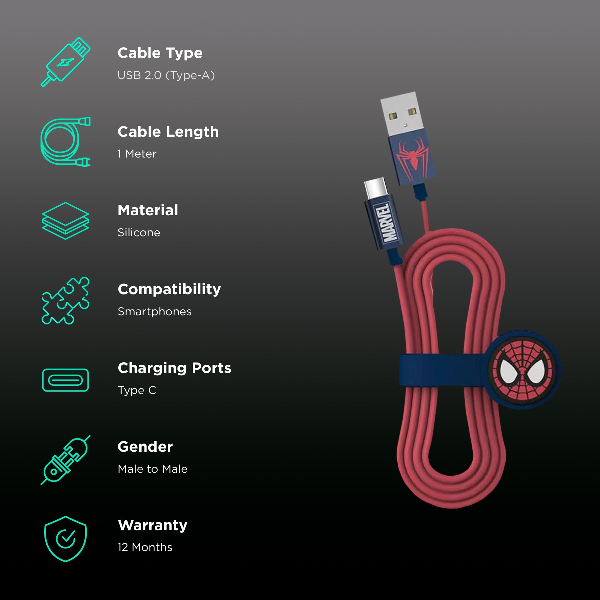 Macmerise Spiderman Type A to Type C 3.3 Feet (1M) Cable (MFi Certified, Multicolor)_2