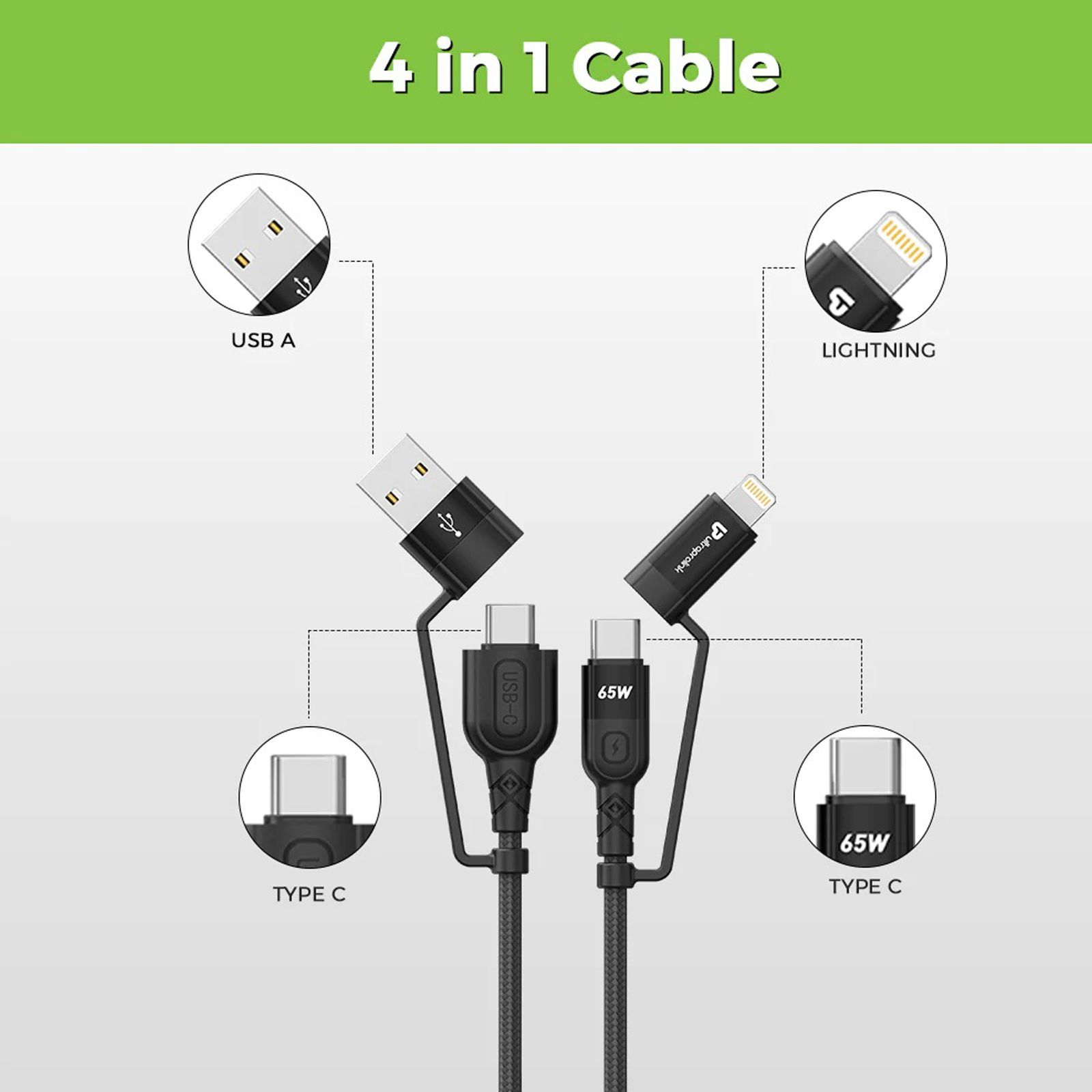 UltraProlink Quadlink Type A, Type C to Type C, Lightning 3.9 Feet (1.2M) 4-in-1 Cable (Tangle Free Design, Black) UltraProlink Quadlink Type A, Type C to Type C, Lightning 3.9 Feet (1.2M) 4-in-1 Cable (Tangle Free Design, Black)_6