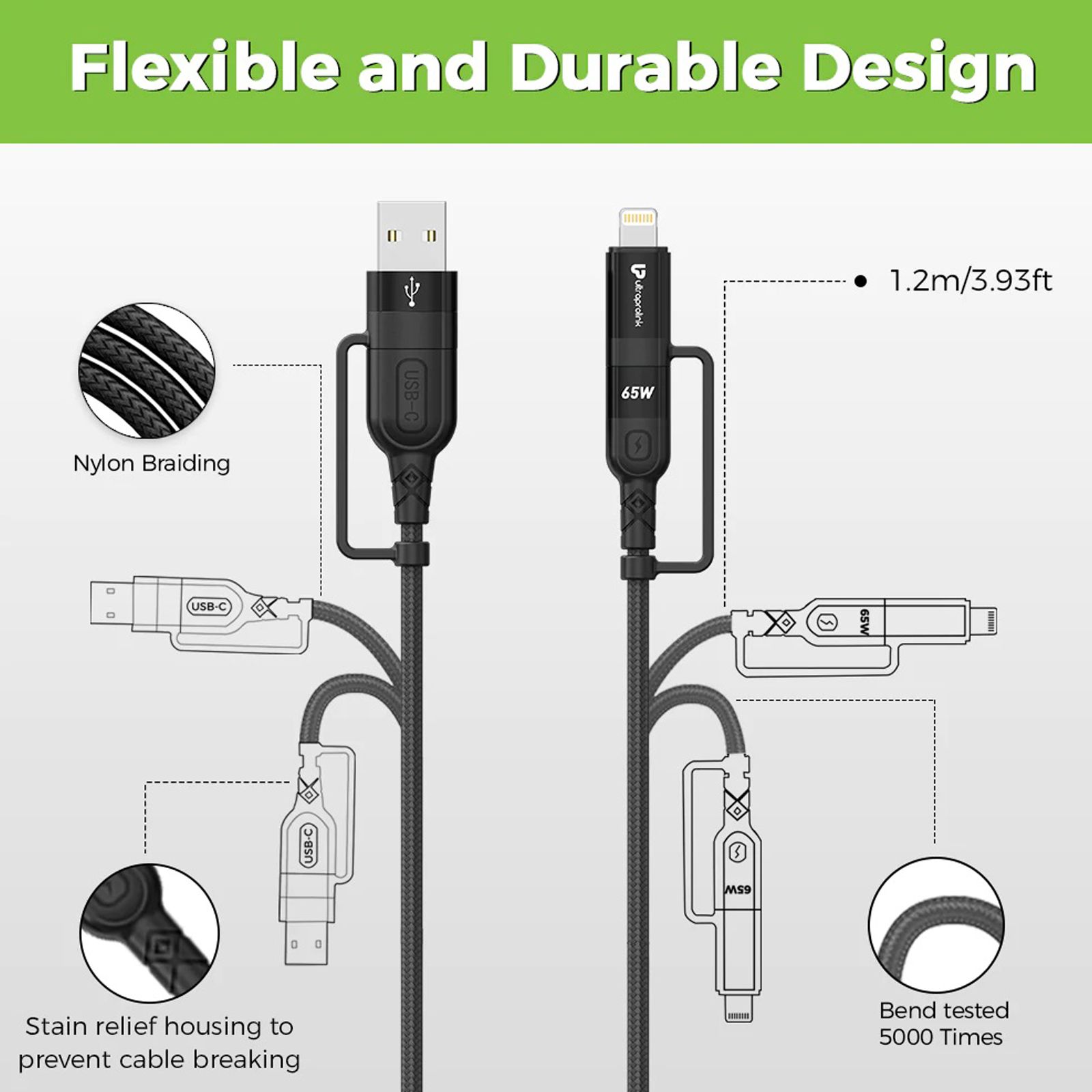UltraProlink Quadlink Type A, Type C to Type C, Lightning 3.9 Feet (1.2M) 4-in-1 Cable (Tangle Free Design, Black) UltraProlink Quadlink Type A, Type C to Type C, Lightning 3.9 Feet (1.2M) 4-in-1 Cable (Tangle Free Design, Black)_7