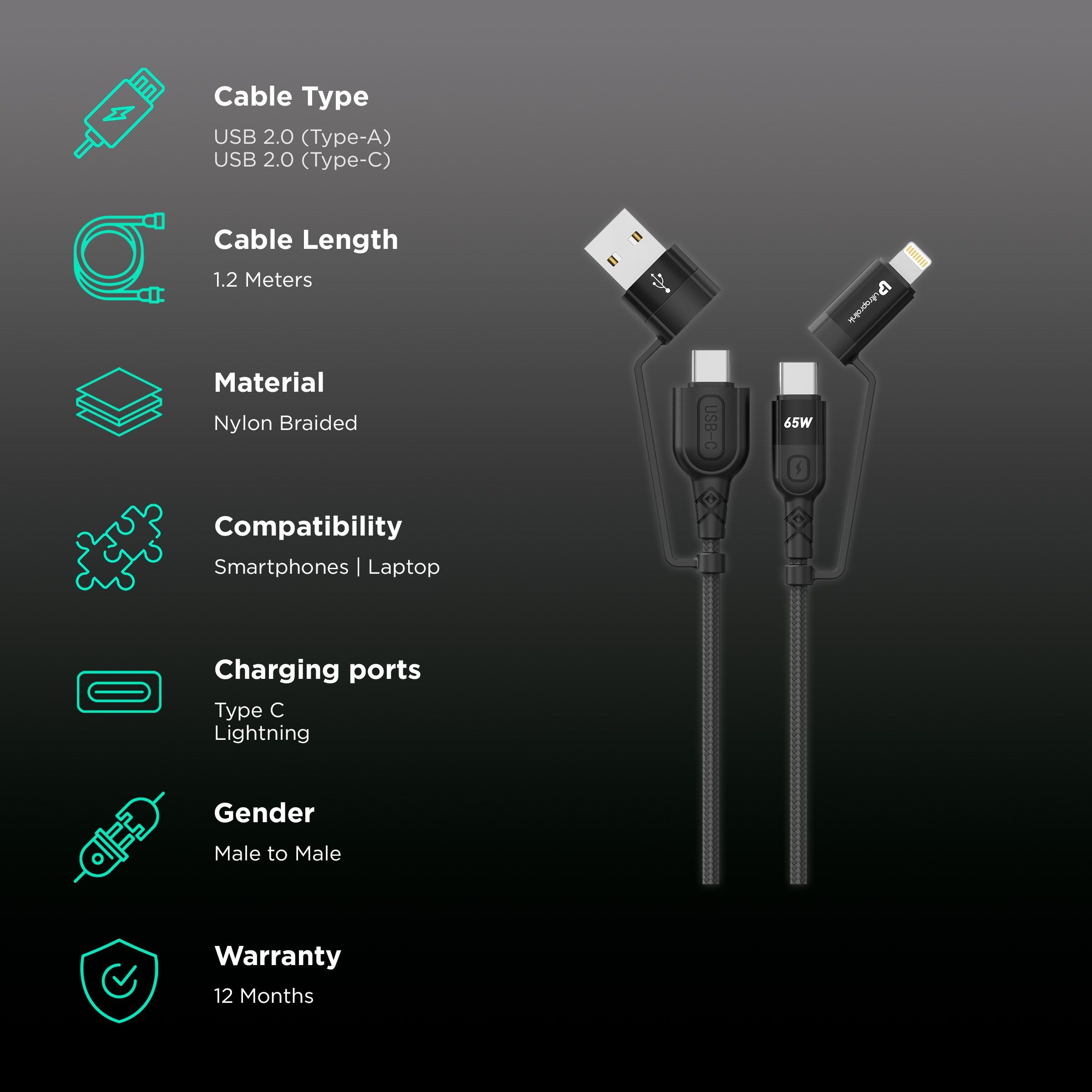 UltraProlink Quadlink Type A, Type C to Type C, Lightning 3.9 Feet (1.2M) 4-in-1 Cable (Tangle Free Design, Black) UltraProlink Quadlink Type A, Type C to Type C, Lightning 3.9 Feet (1.2M) 4-in-1 Cable (Tangle Free Design, Black)_2