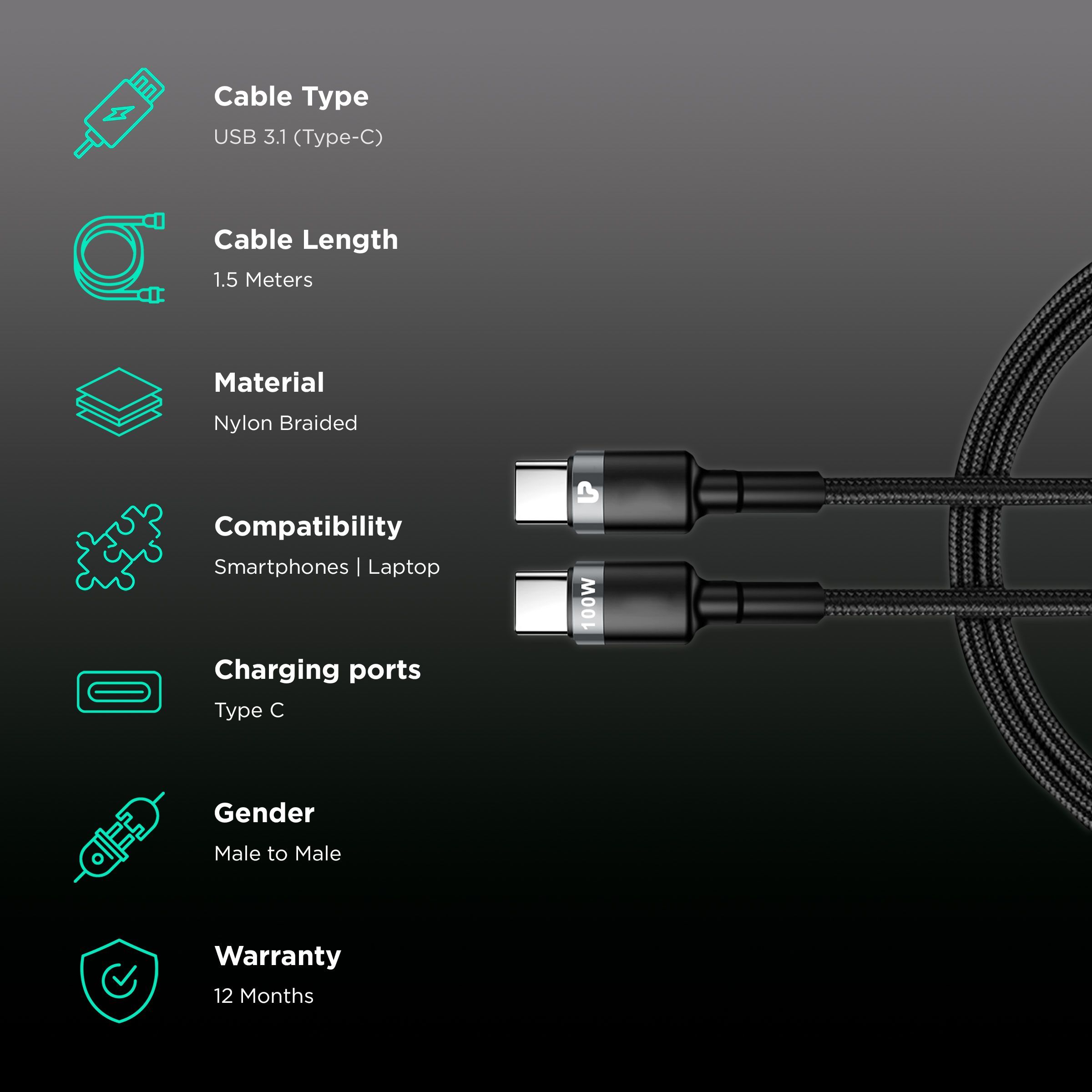 UltraProlink NyloKev Type C to Type C 4.9 Feet (1.5M) Cable (Tangle Free Design, Black)_2
