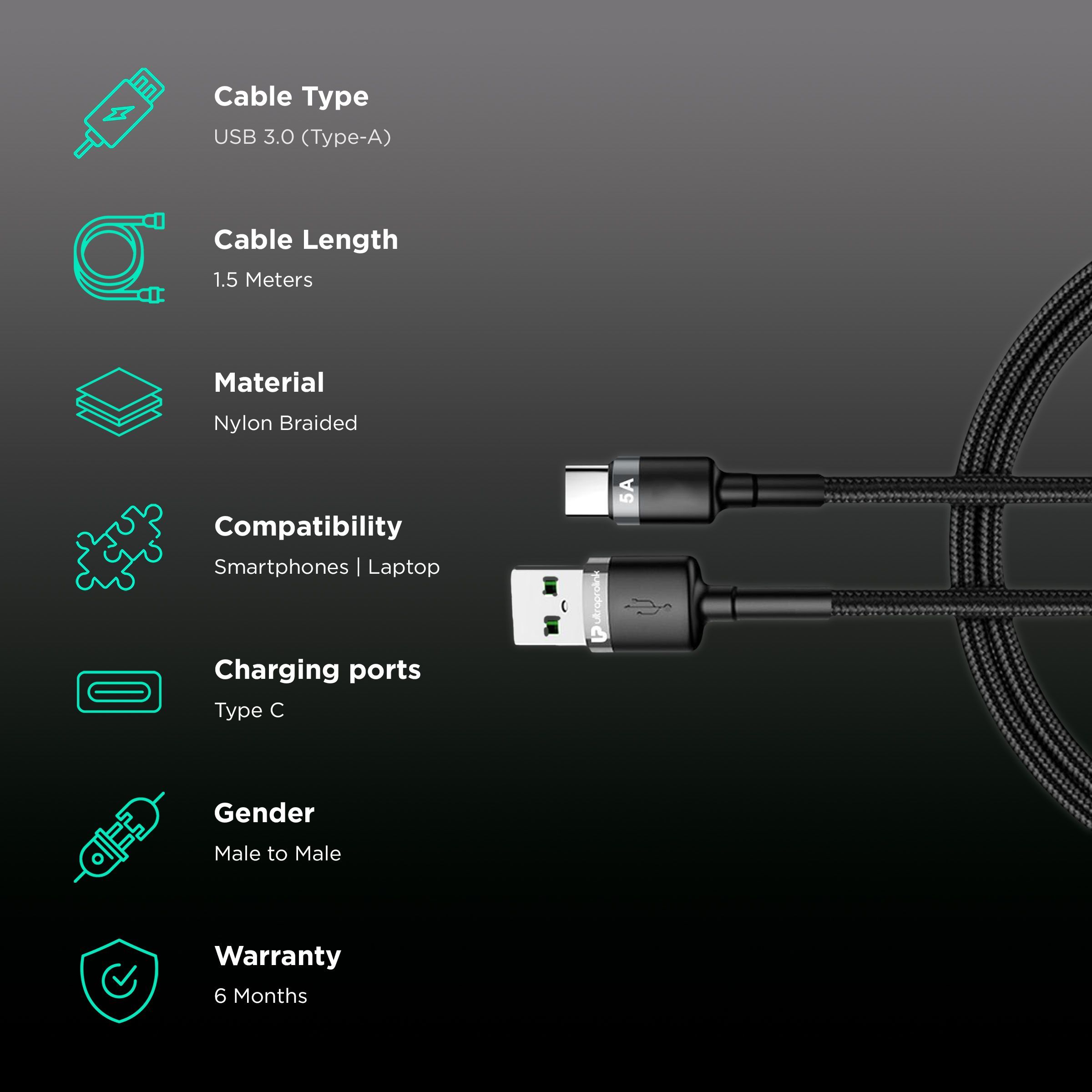 UltraProlink NyloKev Type A to Type C 4.9 Feet (1.5M) Cable (Tangle Free Design, Black)_2