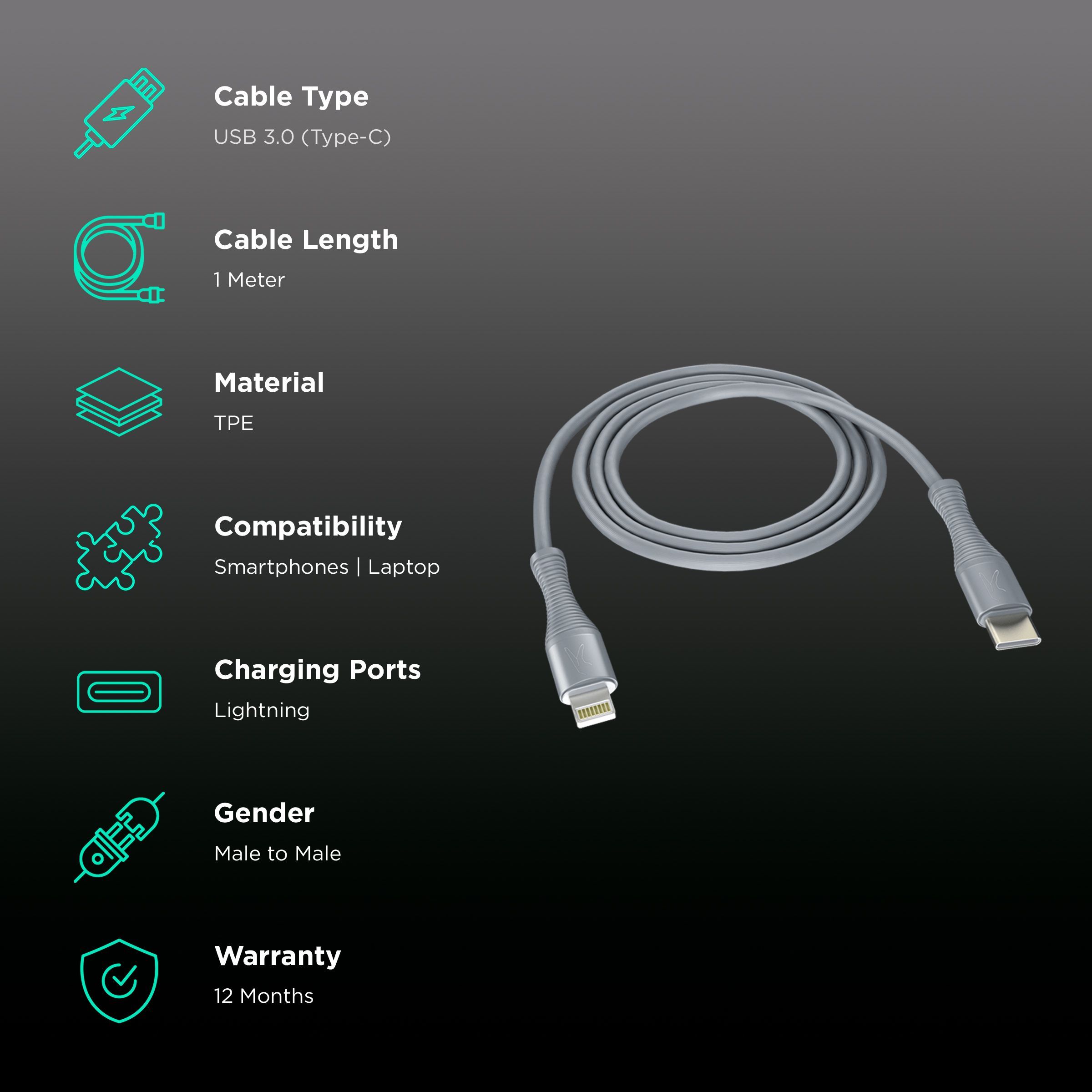FINGERS FMC C-to-L Type C to Lightning 3.3 Feet (1M) Cable (Reversible Connectivity Design, Steel Grey)_2