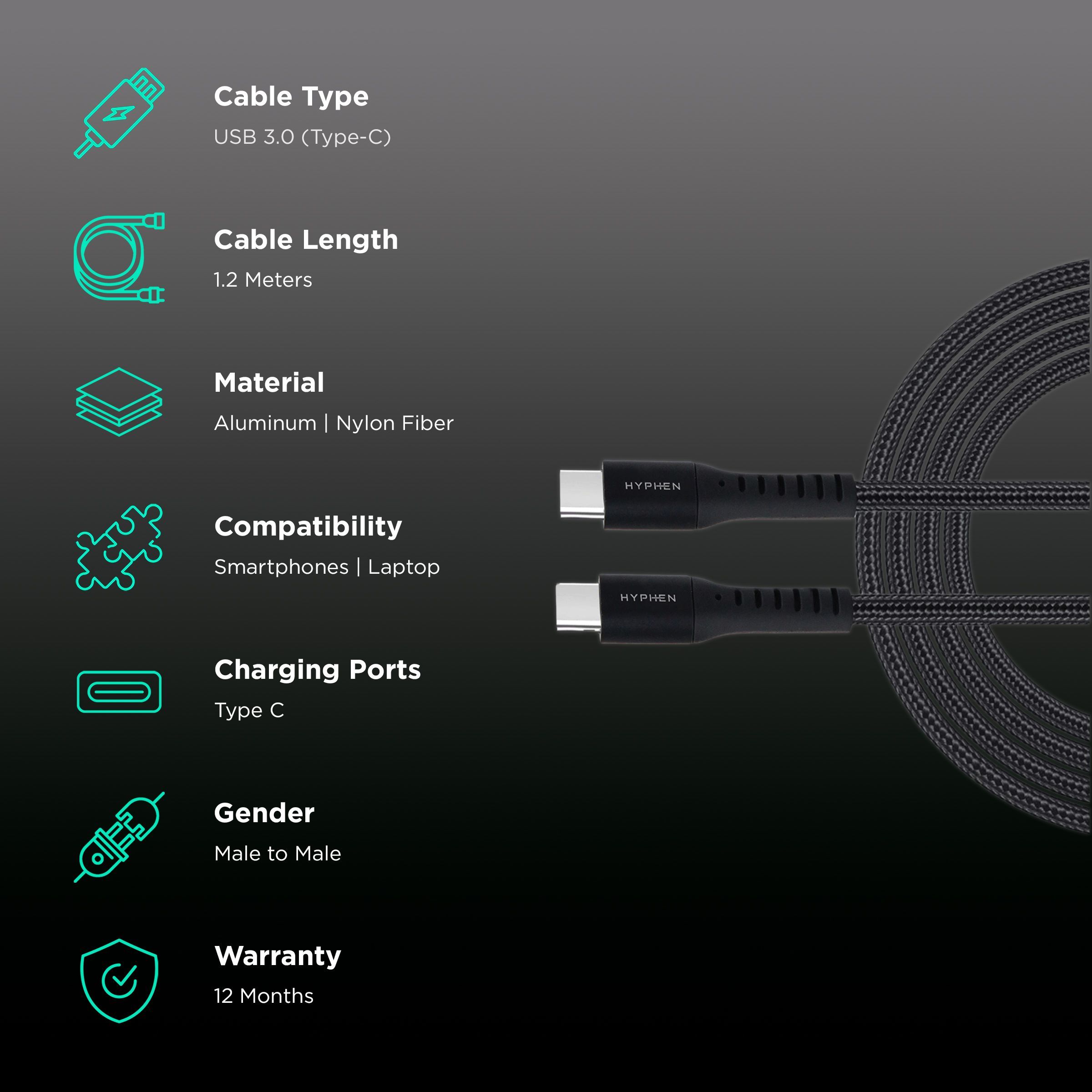 Hyphen Type C to Type C 3.9 Feet (1.2M) Cable (Aluminium Shell, Black)_2