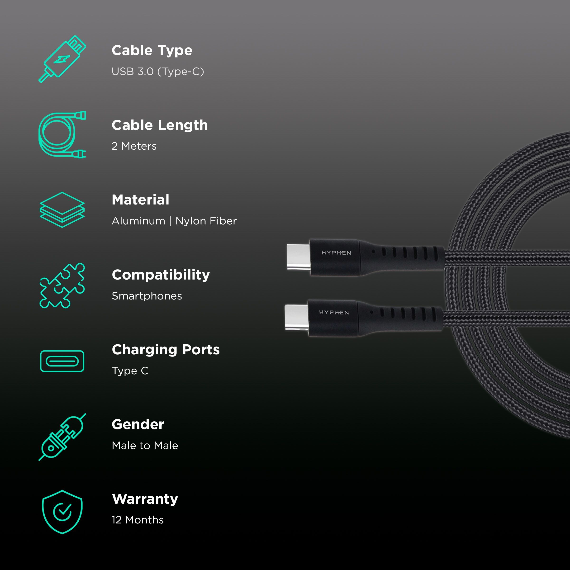 Hyphen Type C to Type C 6.6 Feet (2M) Cable (Aluminium Shell, Black) Hyphen Type C to Type C 6.6 Feet (2M) Cable (Aluminium Shell, Black)_2
