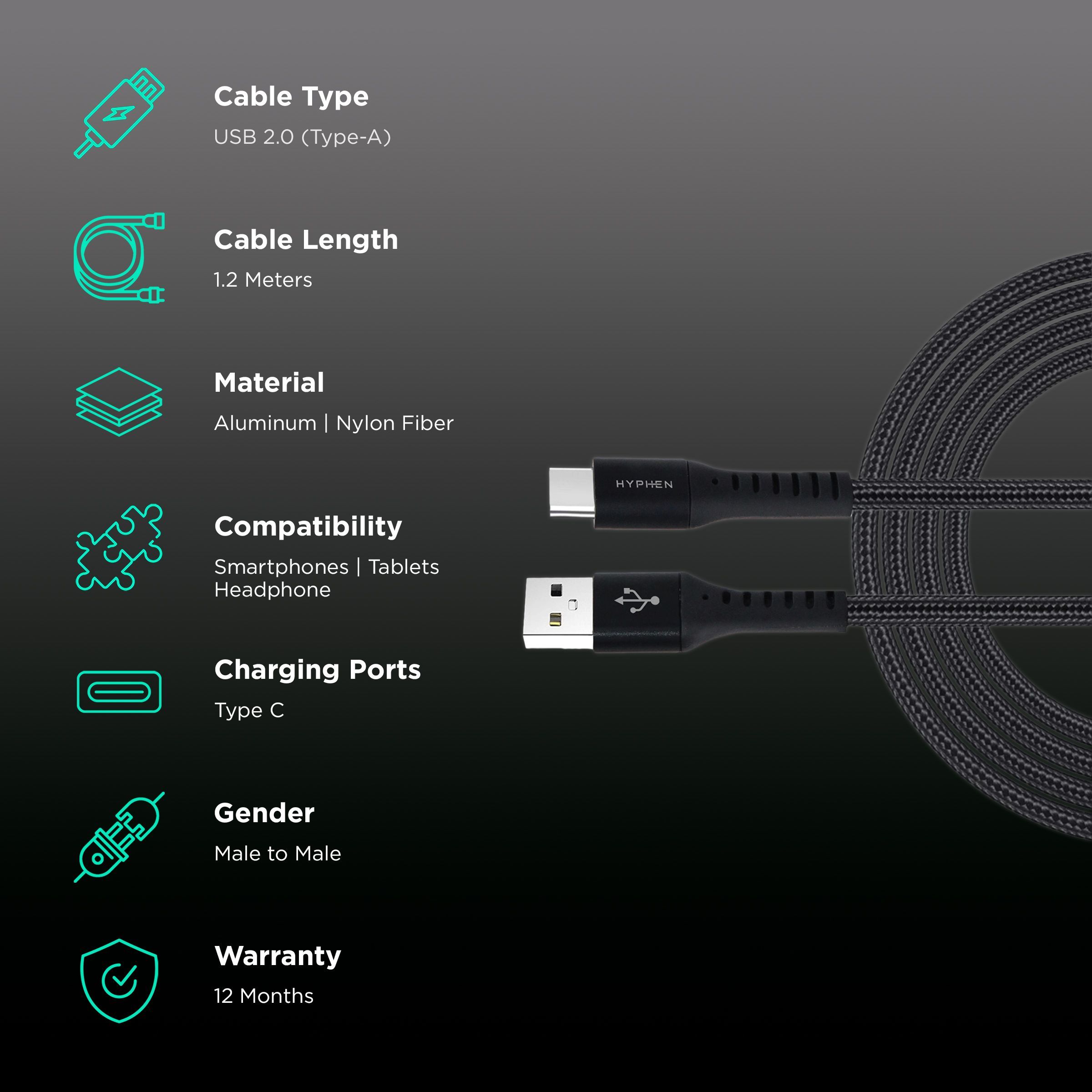 Hyphen Type A to Type C 3.9 Feet (1.2M) Cable (Aluminium Shell, Black) Hyphen Type A to Type C 3.9 Feet (1.2M) Cable (Aluminium Shell, Black)_2