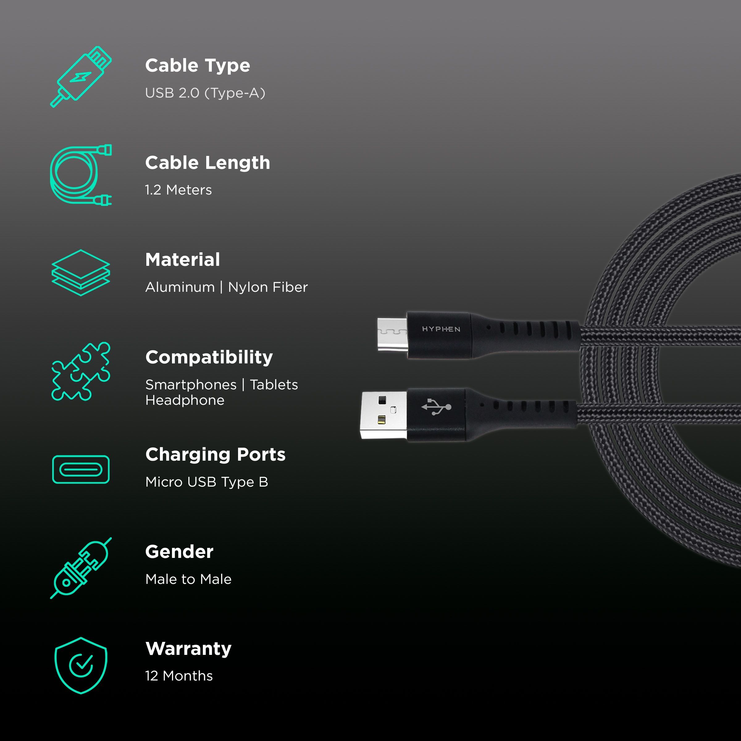 Hyphen Type A to Micro USB 3.9 Feet (1.2M) Cable (Tangle Free Design, Black) Hyphen Type A to Micro USB 3.9 Feet (1.2M) Cable (Tangle Free Design, Black)_2