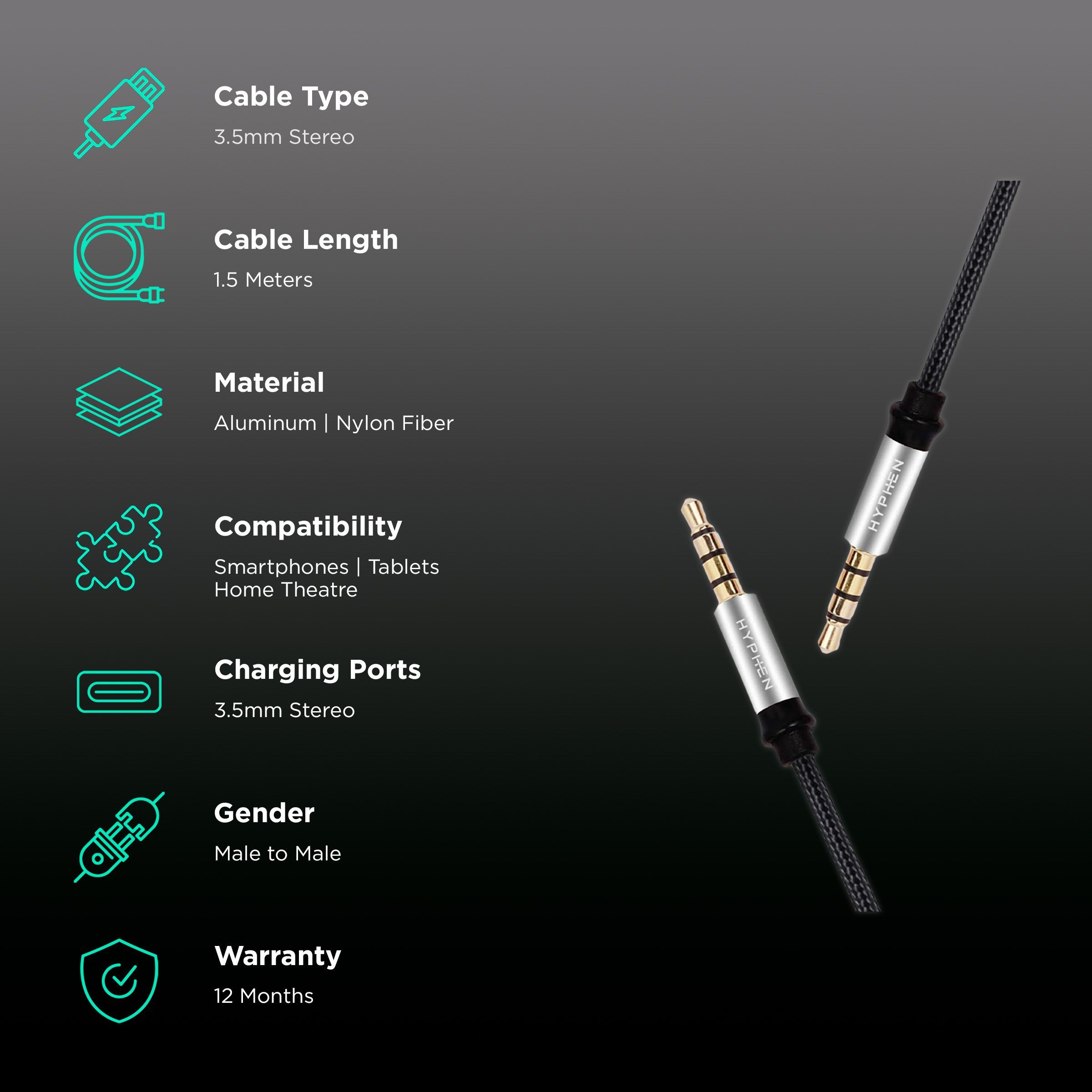 HYPHEN 3.5mm Aux to 3.5mm Aux 4.9 Feet (1.5M) Cable (Tangle-free Design, Black)_2