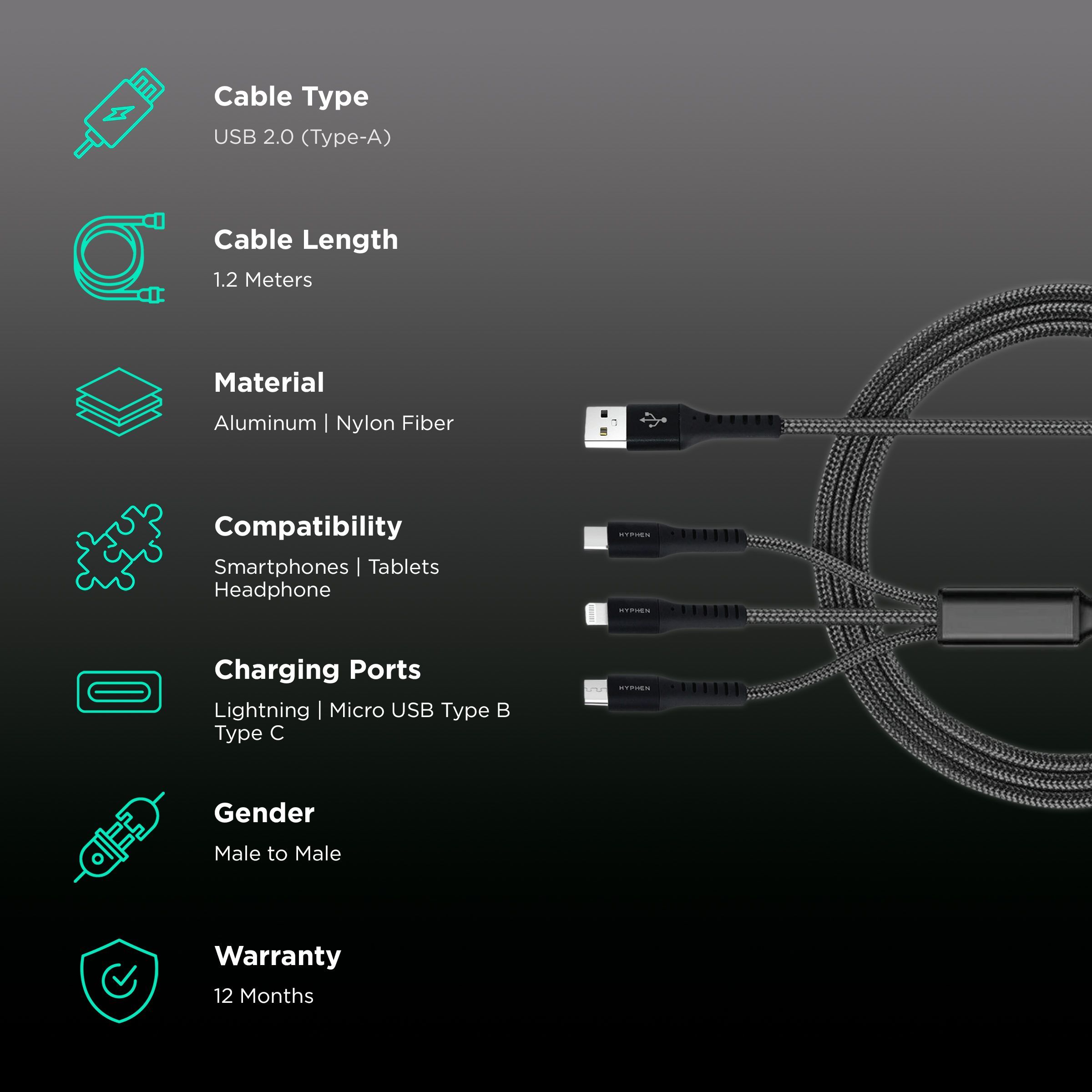 Hyphen Type A to Type C, Micro USB, Lightning 3.9 Feet (1.2M) 3-in-1 Cable (Aluminium Shell, Black)_2