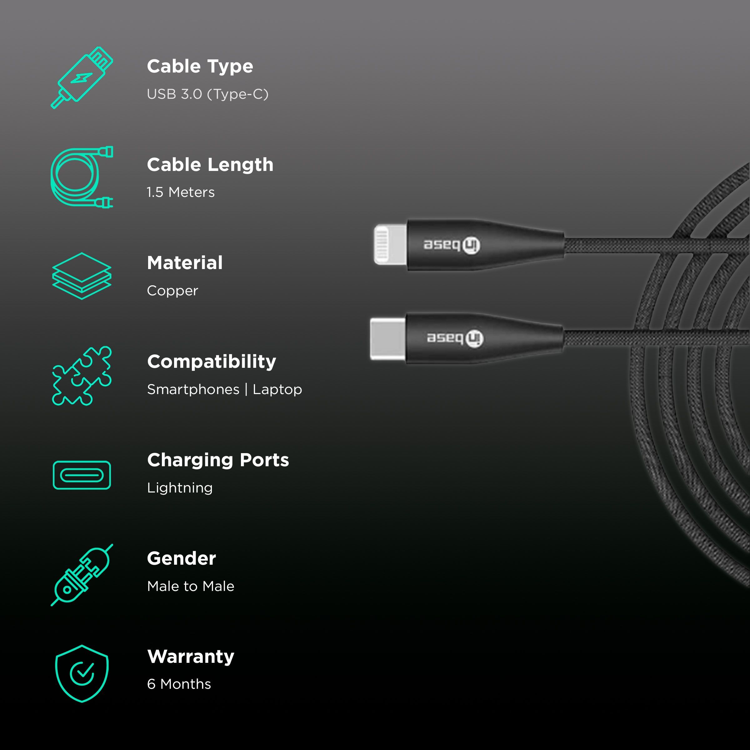Inbase Type C to Lightning 4.9 Feet (1.5M) Cable (Tangle-free Design, Black) Inbase Type C to Lightning 4.9 Feet (1.5M) Cable (Tangle-free Design, Black)_2