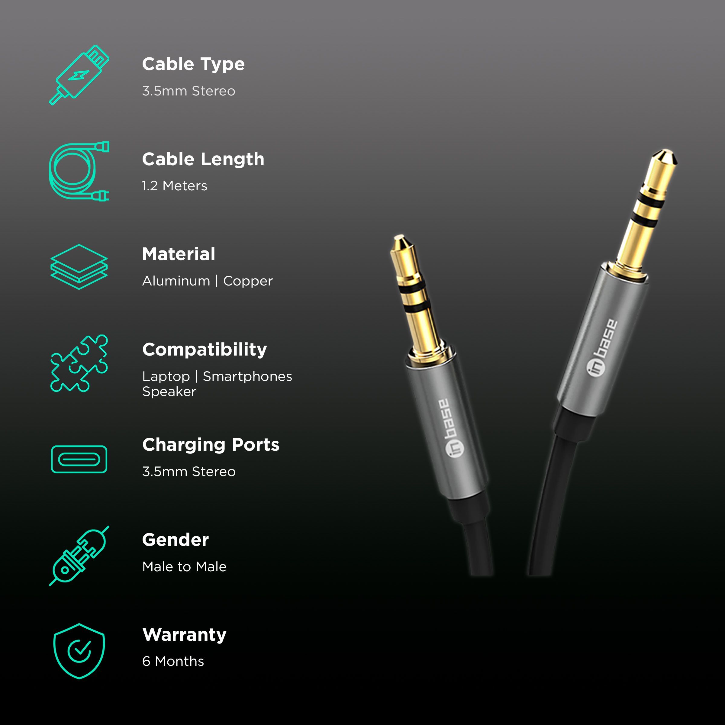 Inbase 3.5mm Aux to 3.5mm Aux 3.9 Feet (1.2M) Cable (Gold Plated Plug, Black)_2