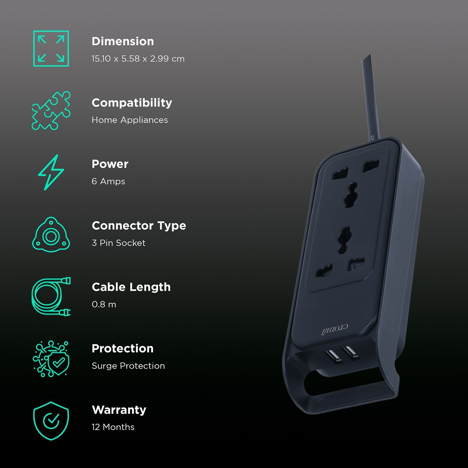 Croma 6 Amps 2 Sockets Surge Protector with Individual Switch (0.8 Meters, Safety Shutters in Socket, CRSP2WMSPA264301, Black) Croma 6 Amps 2 Sockets Surge Protector with Individual Switch (0.8 Meters, Safety Shutters in Socket, CRSP2WMSPA264301, Black)_2