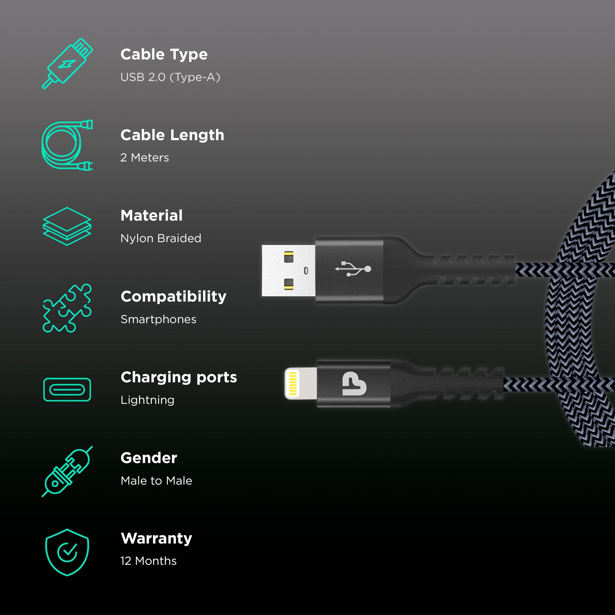 UltraProlink NyloKev+ Type A to Lightning 6.6 Feet (2M) Cable (Tangle Free Design, Grey) UltraProlink NyloKev+ Type A to Lightning 6.6 Feet (2M) Cable (Tangle Free Design, Grey)_2