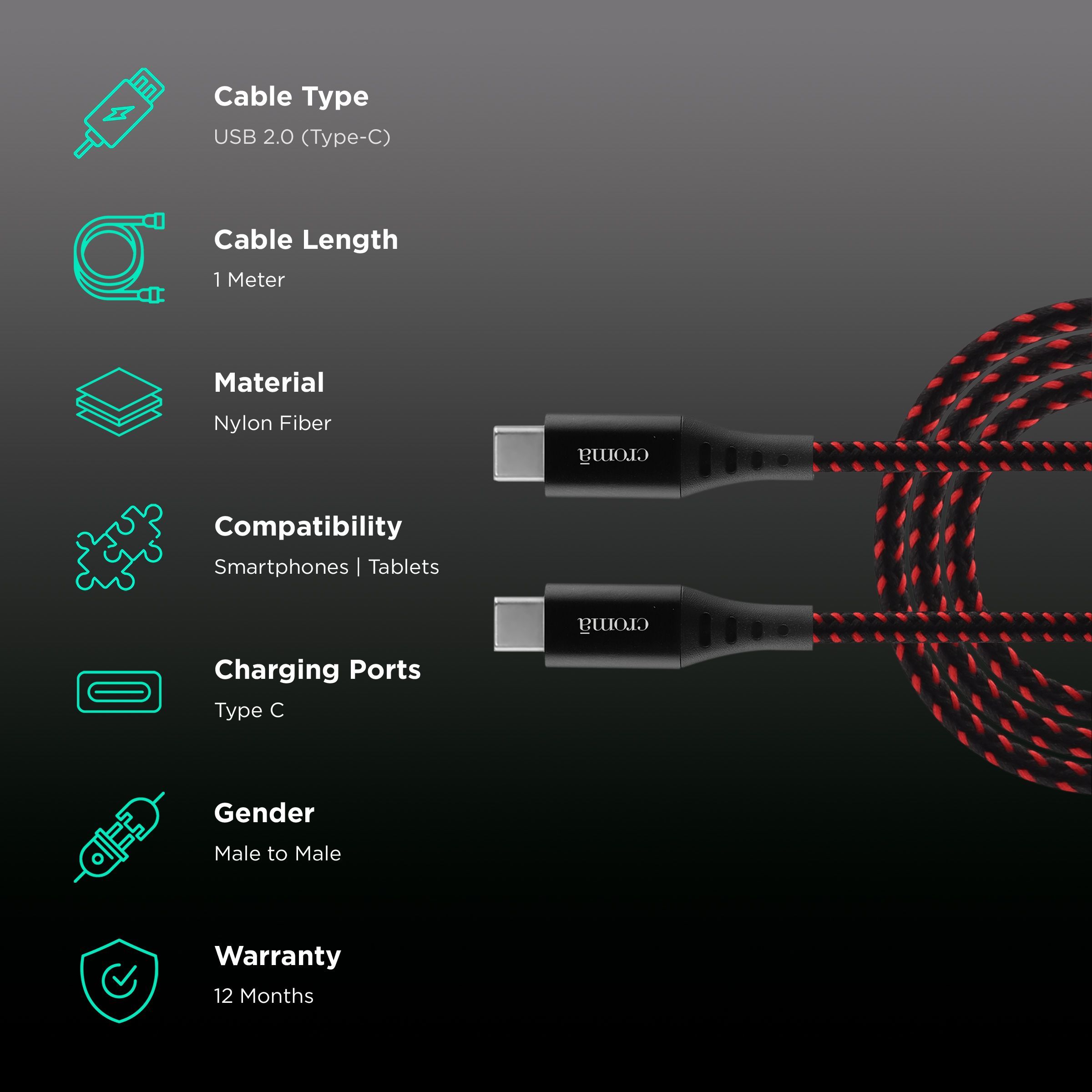 Croma Type C to Type C 3.3 Feet (1M) Cable (Nylon Braided, Red) Croma Type C to Type C 3.3 Feet (1M) Cable (Nylon Braided, Red)_2