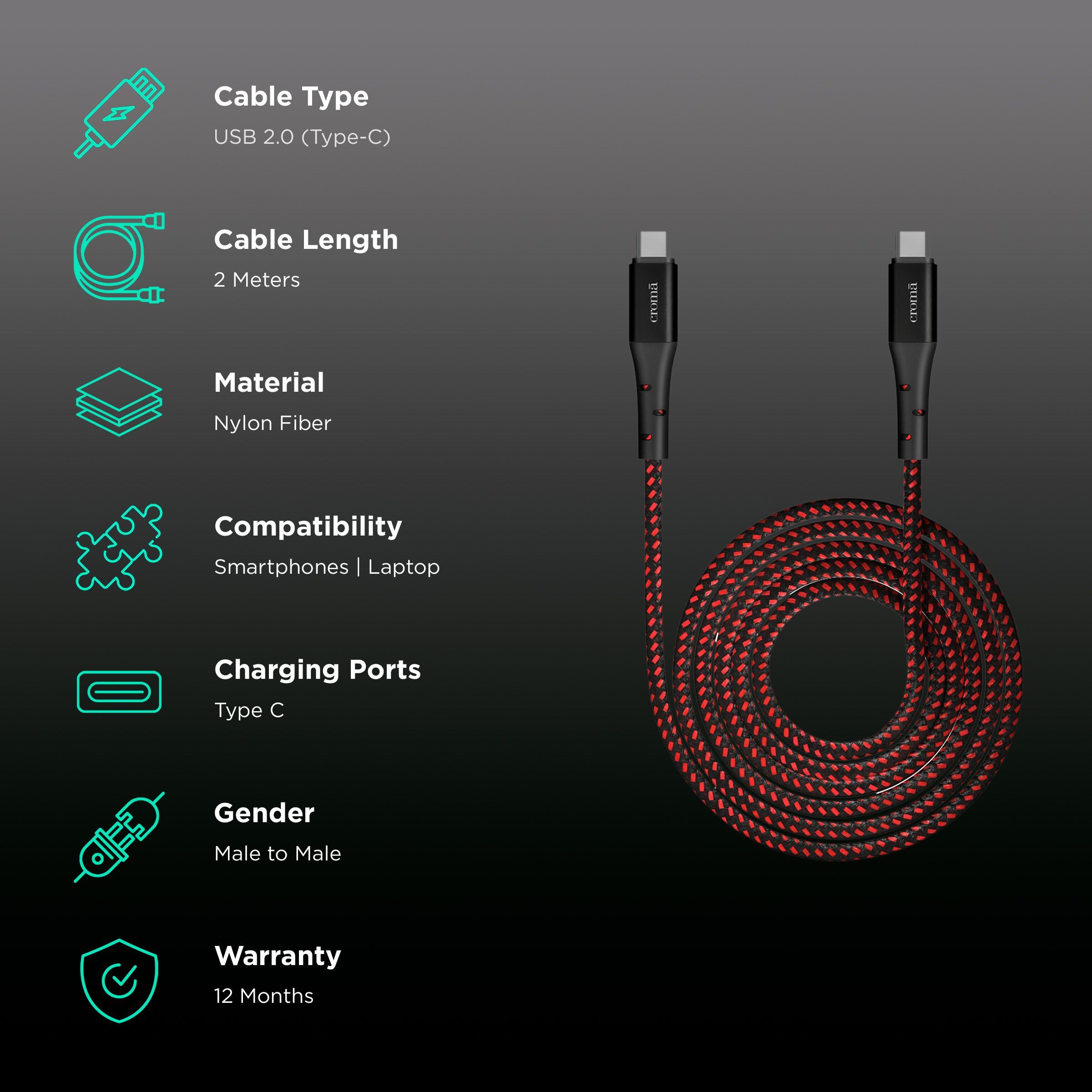 Croma Type C to Type C 6.6 Feet (2M) Cable (Apple Compatible, Red)_2