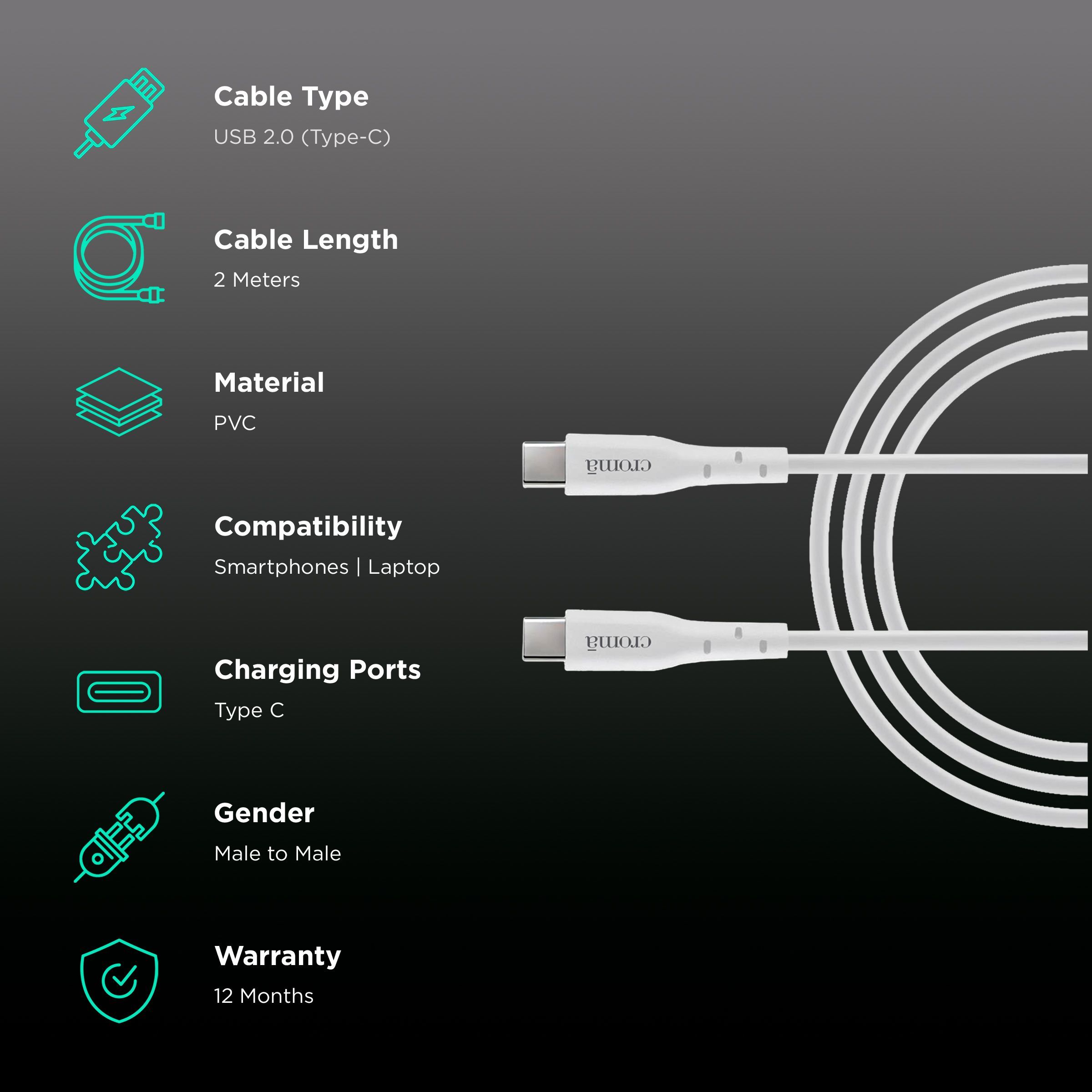 Croma Type C to Type C 6.6 Feet (2M) Cable (In-Built E-Mark Chip, White)_2