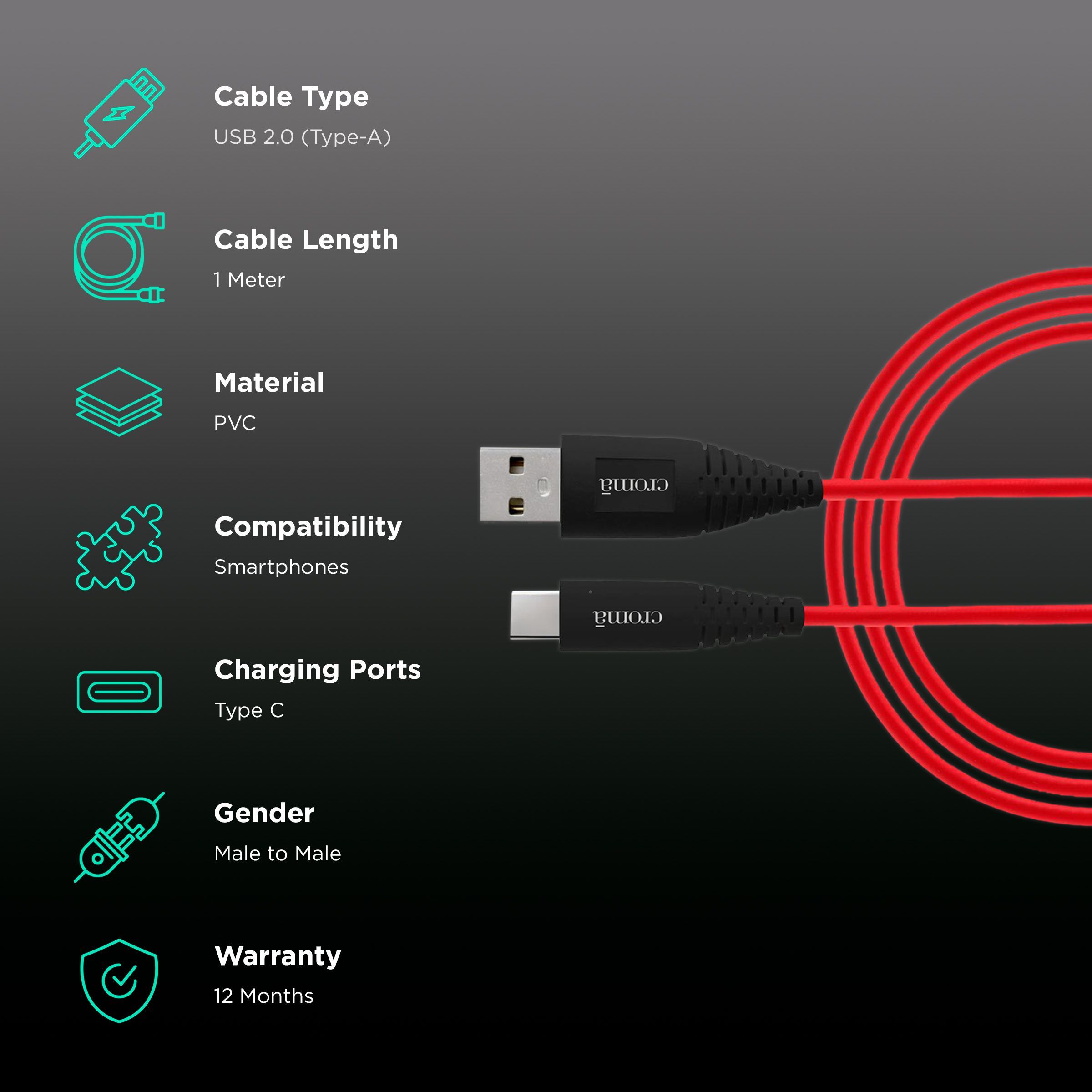 Croma Type A to Type C 3.3 Feet (1M) Cable (Dash & Warp Protocols, Red)_2