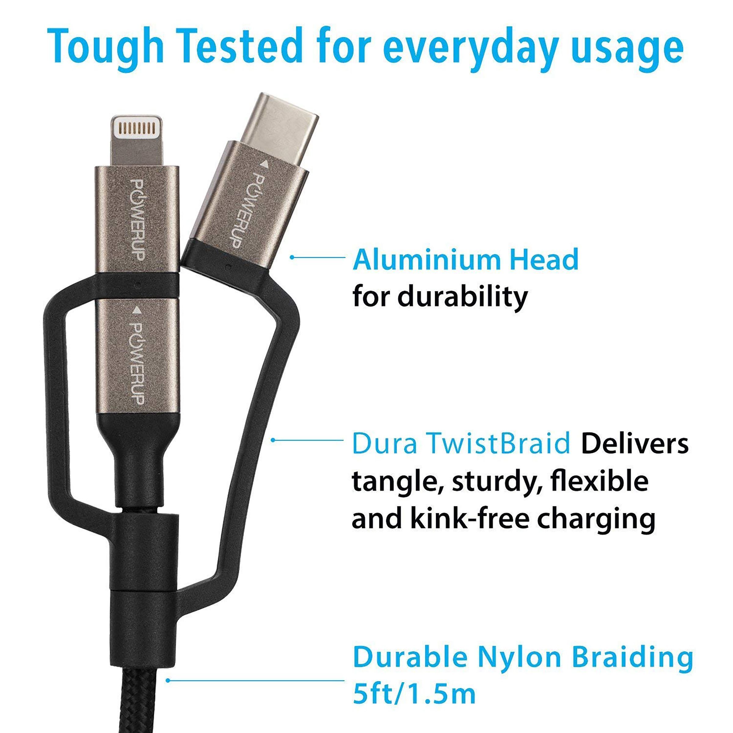 POWERUP Type A to Type C, Micro USB, Lightning 4.9 Feet (1.5M) 3-in-1 Cable (Anodised Aluminium Head, Black)_6