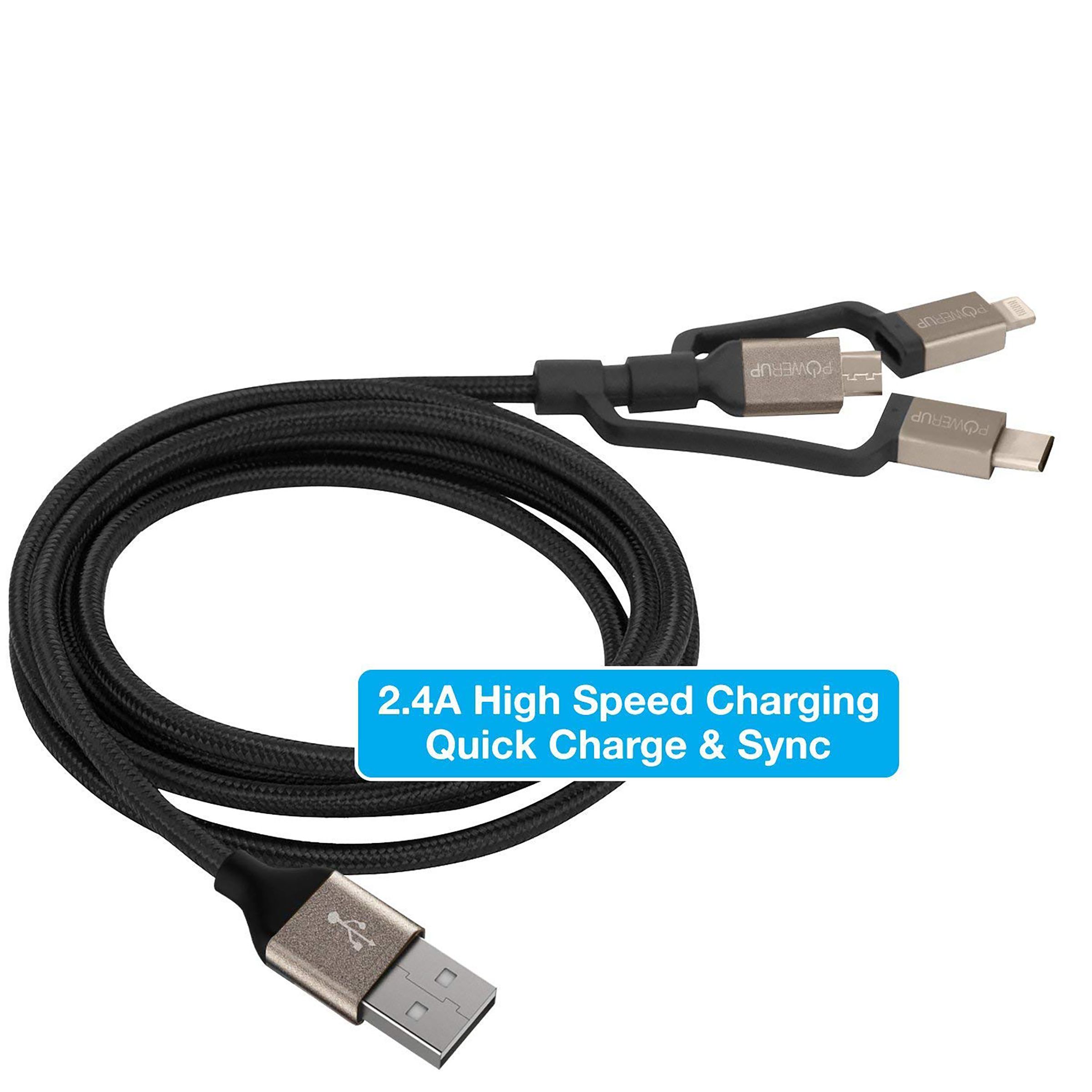 POWERUP Type A to Type C, Micro USB, Lightning 4.9 Feet (1.5M) 3-in-1 Cable (Anodised Aluminium Head, Black)_7