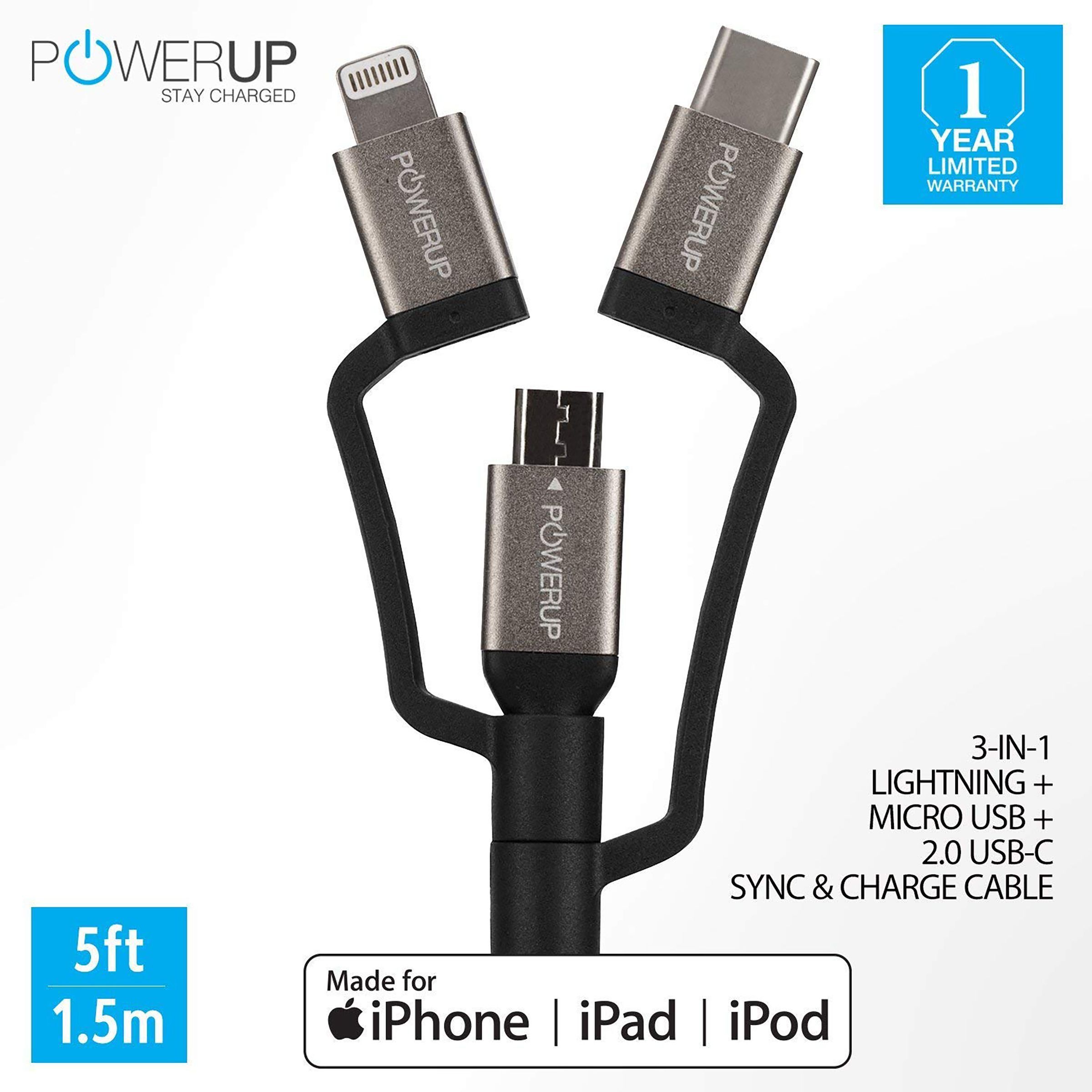 POWERUP Type A to Type C, Micro USB, Lightning 4.9 Feet (1.5M) 3-in-1 Cable (Anodised Aluminium Head, Black)_9