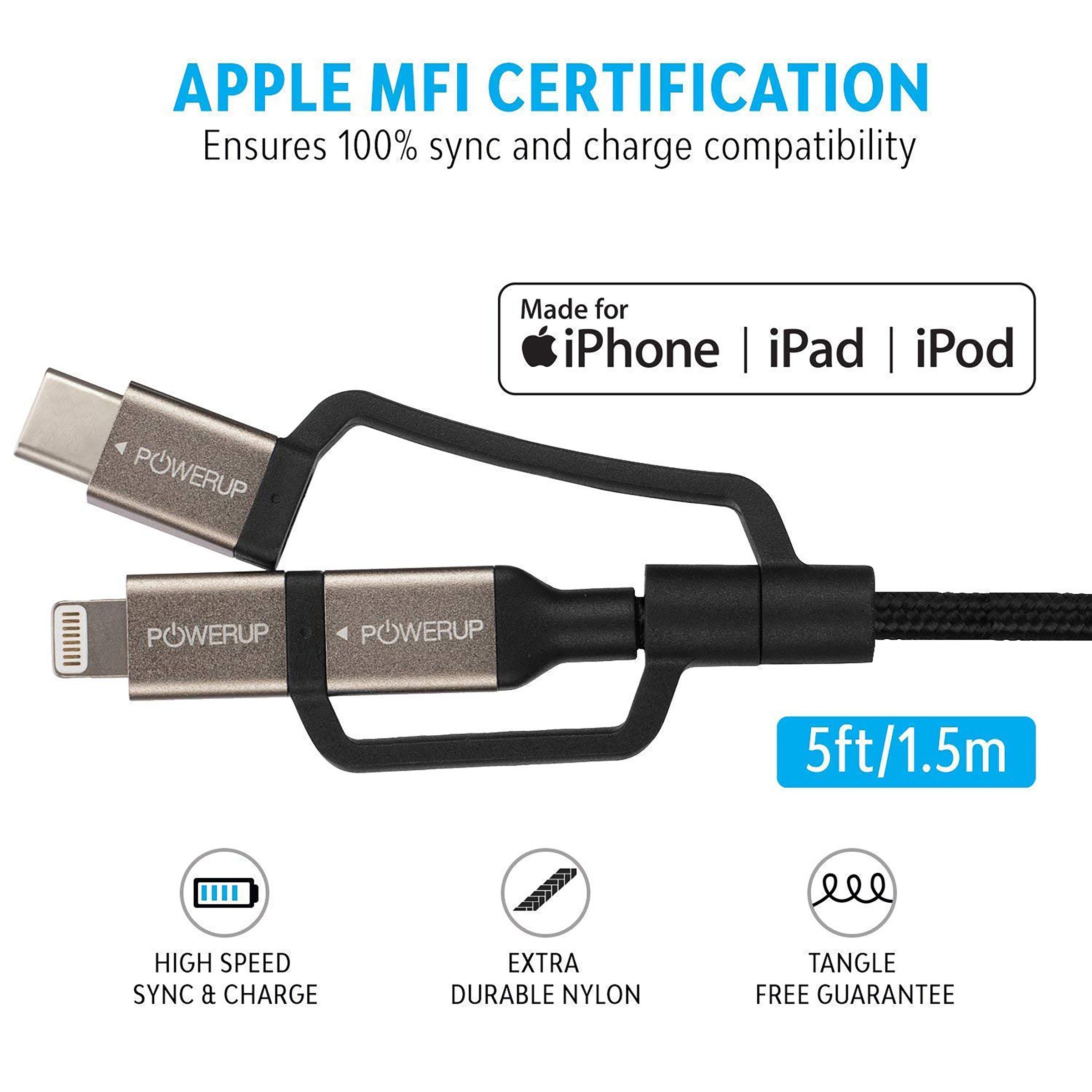 POWERUP Type A to Type C, Micro USB, Lightning 4.9 Feet (1.5M) 3-in-1 Cable (Anodised Aluminium Head, Black)_10