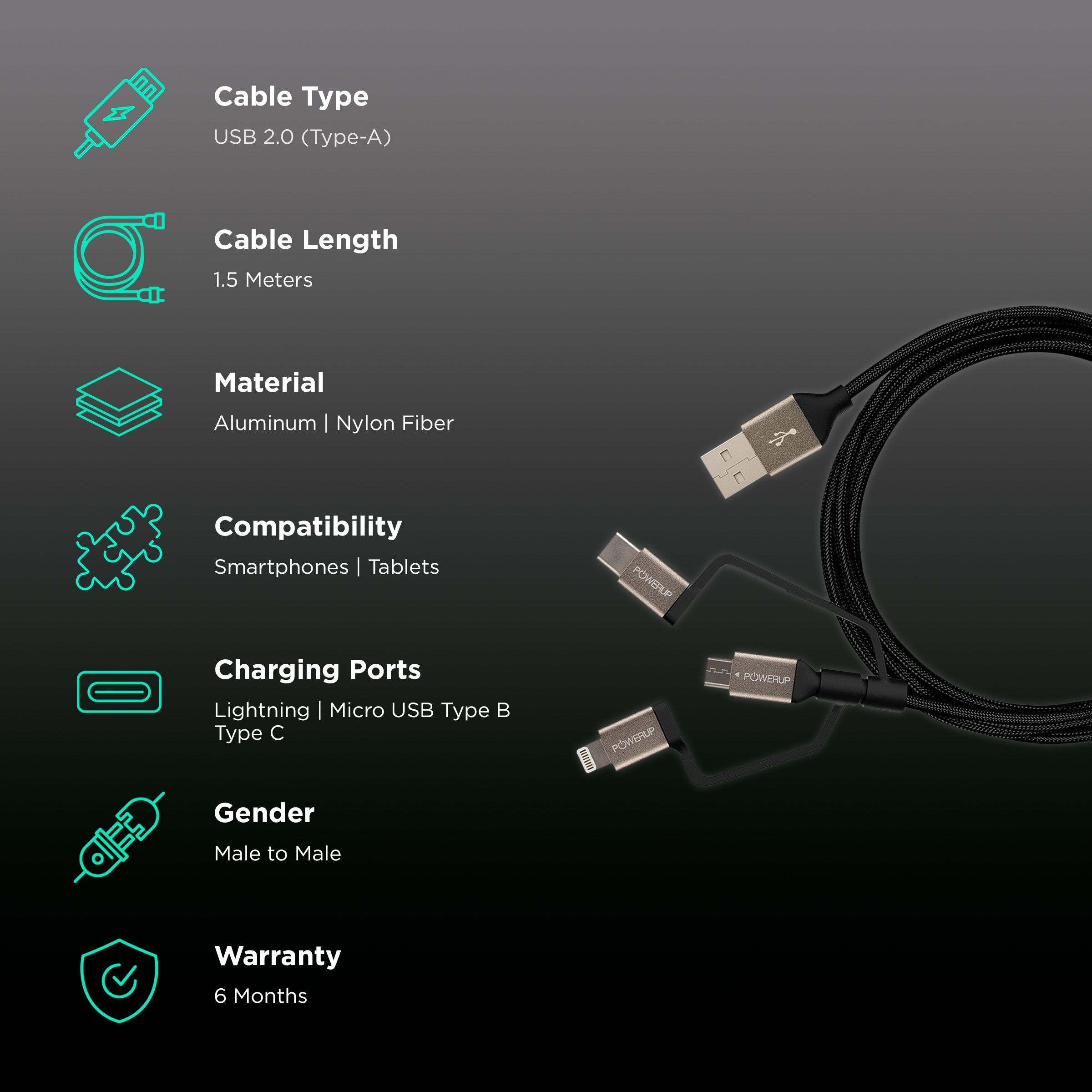 POWERUP Type A to Type C, Micro USB, Lightning 4.9 Feet (1.5M) 3-in-1 Cable (Anodised Aluminium Head, Black)_2