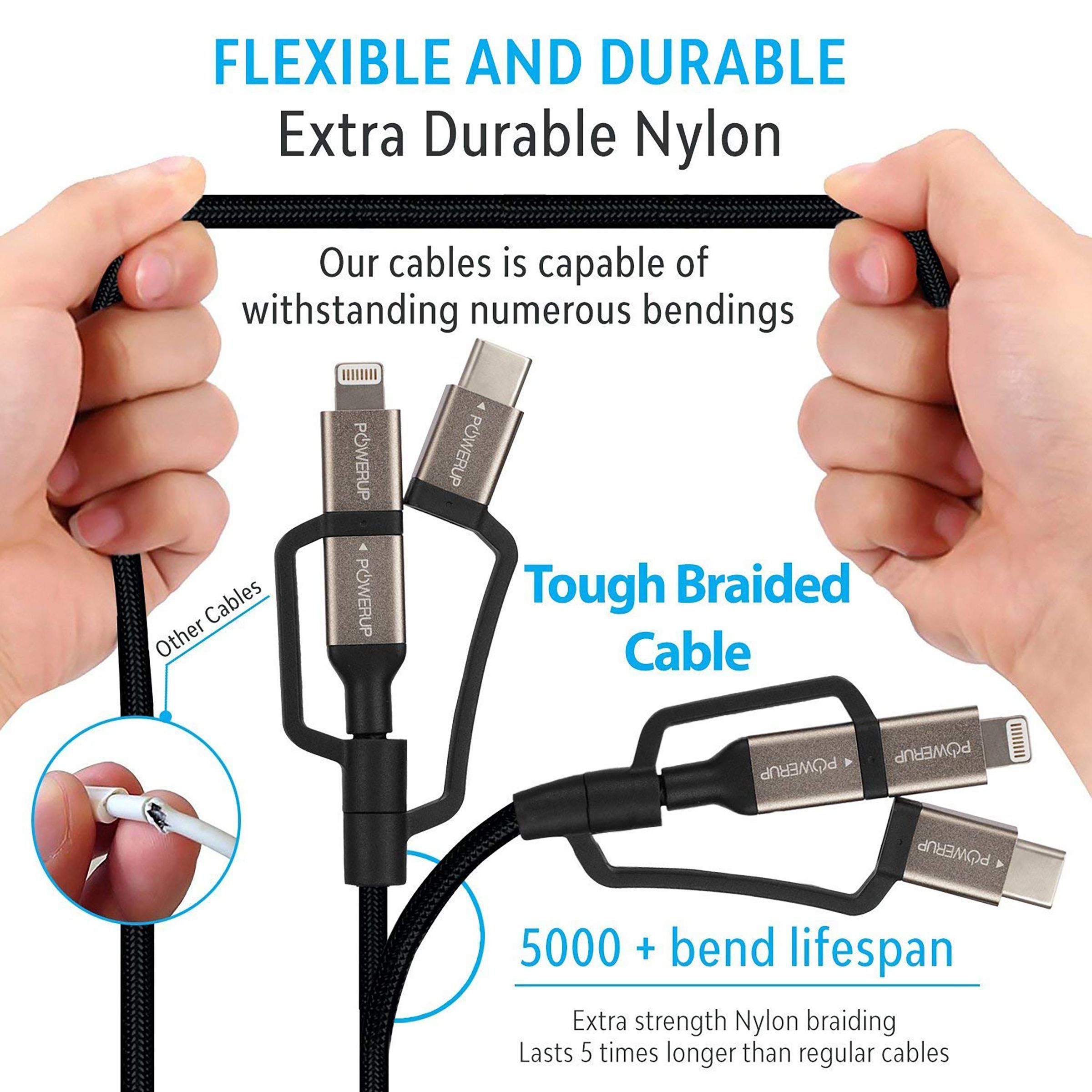 POWERUP Type A to Type C, Micro USB, Lightning 4.9 Feet (1.5M) 3-in-1 Cable (Anodised Aluminium Head, Black)_3