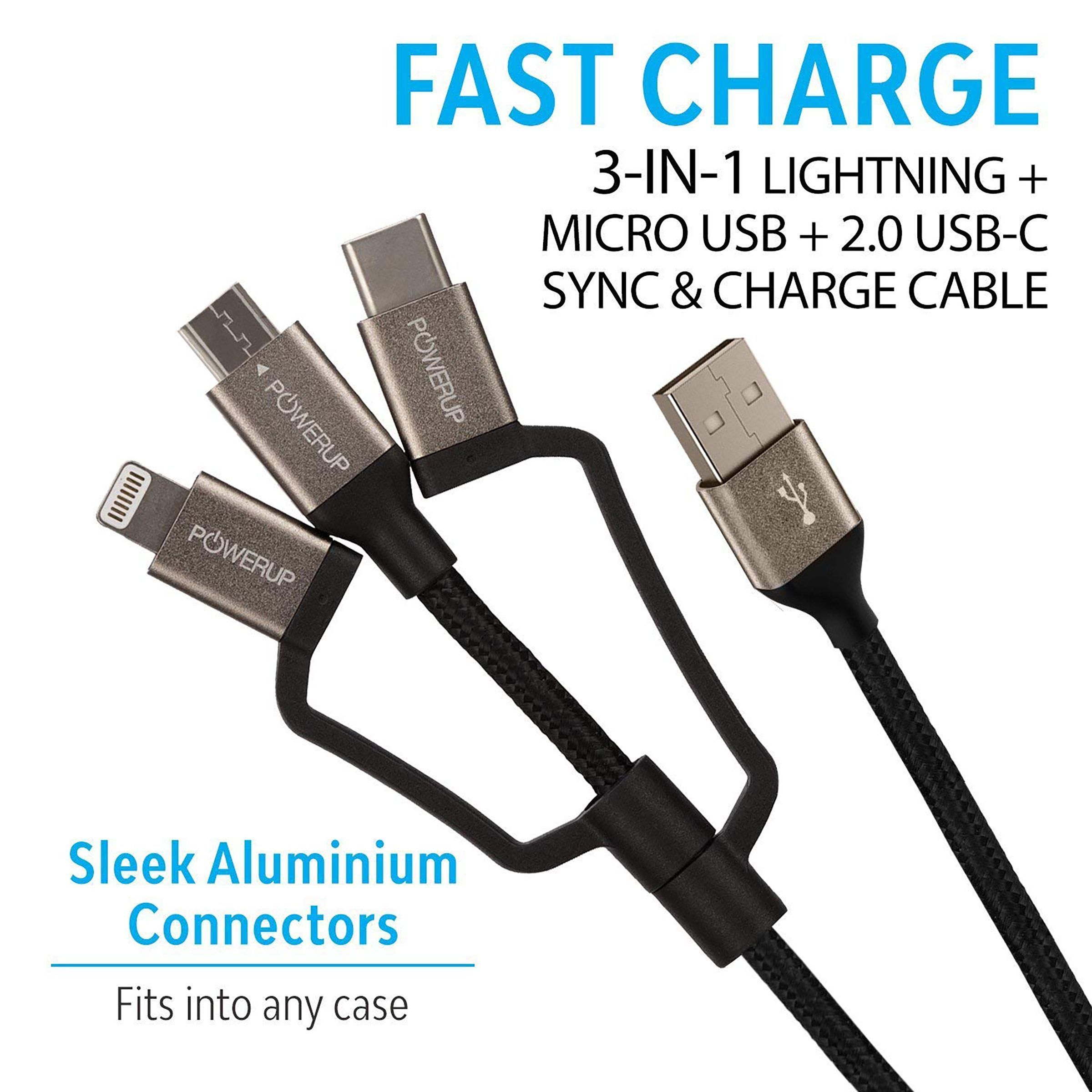 POWERUP Type A to Type C, Micro USB, Lightning 4.9 Feet (1.5M) 3-in-1 Cable (Anodised Aluminium Head, Black)_4