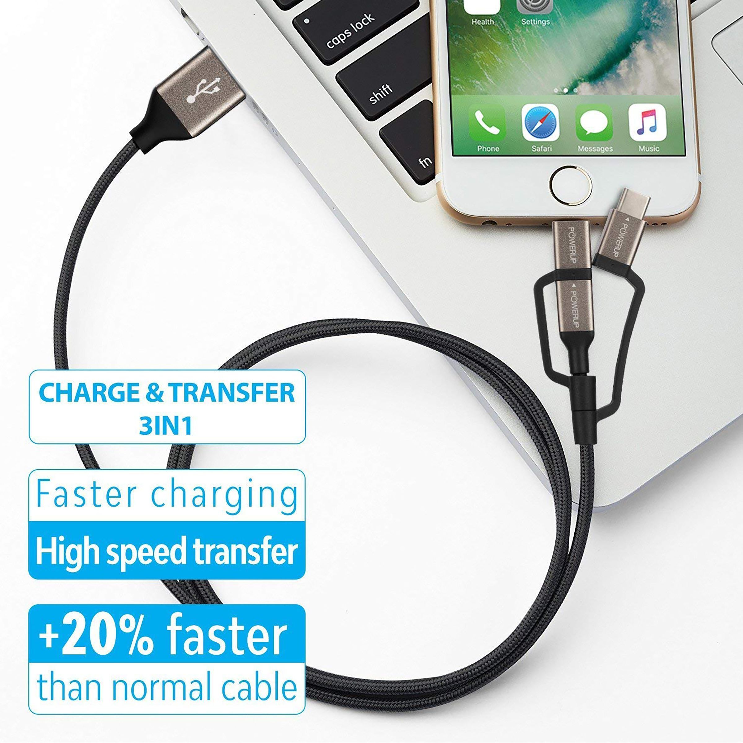 POWERUP Type A to Type C, Micro USB, Lightning 4.9 Feet (1.5M) 3-in-1 Cable (Anodised Aluminium Head, Black)_5