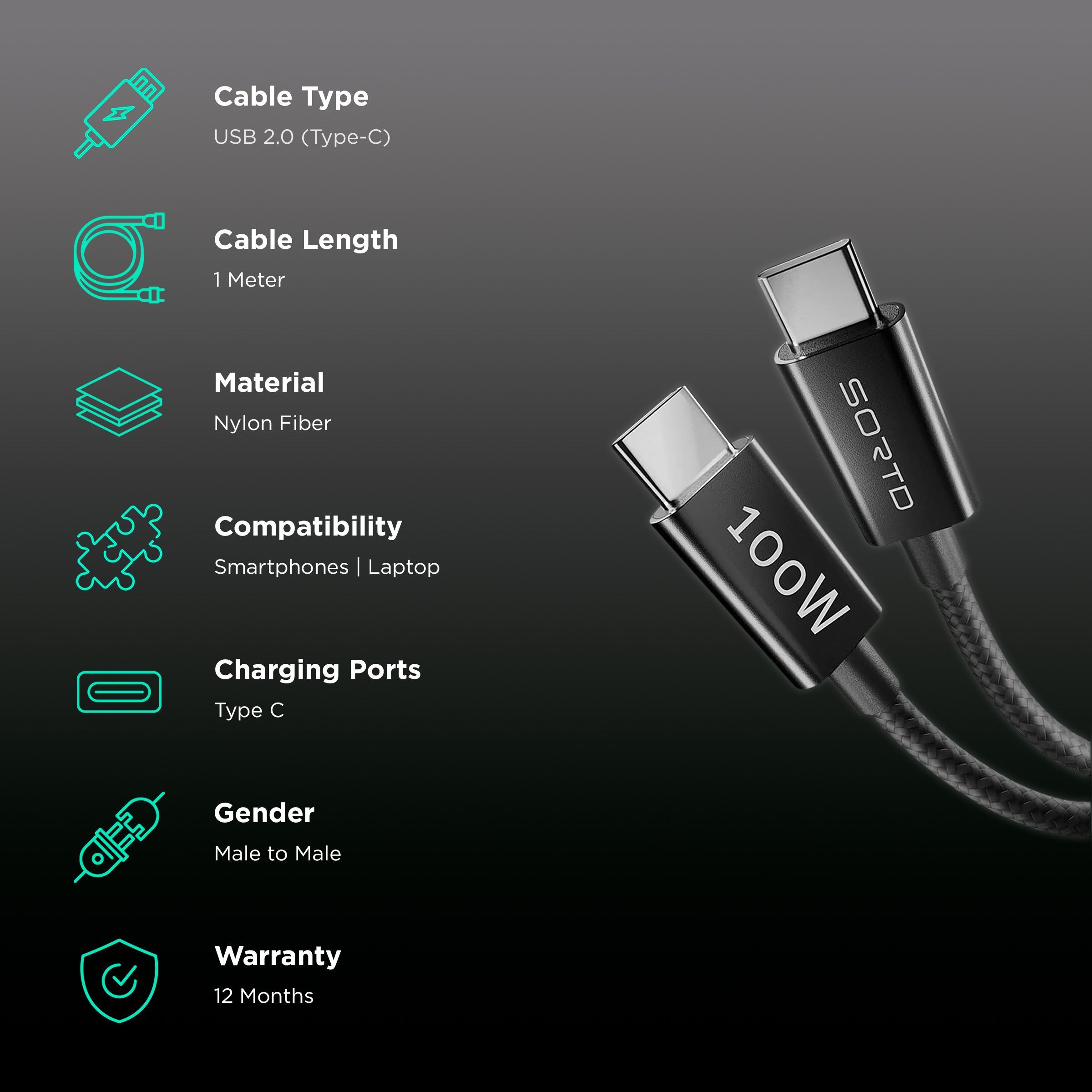 Sortd Type C to Type C 3.3 Feet (1M) Cable (In-Build Smart E Marker Chip, Black)_2