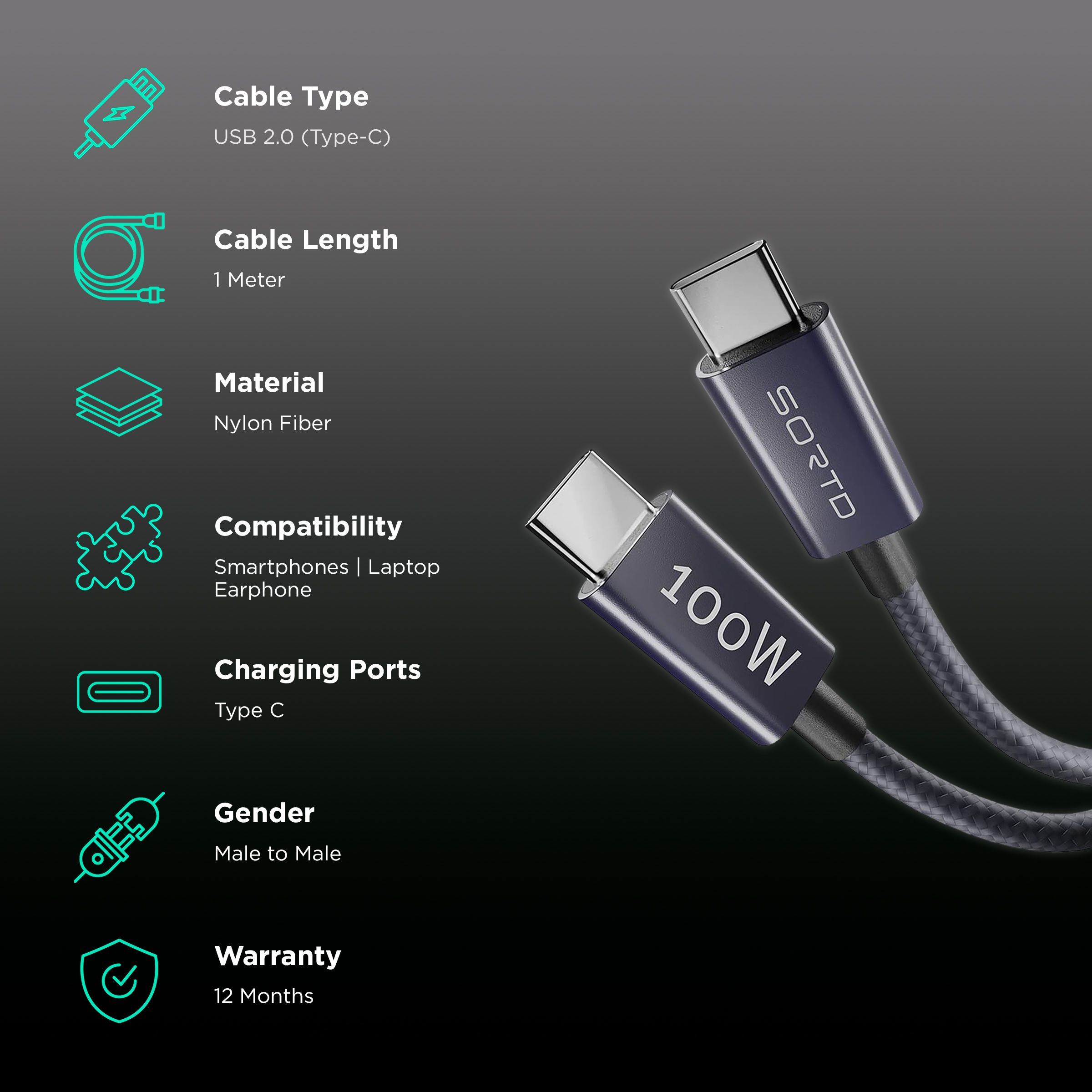 Sortd Type C to Type C 3.3 Feet (1M) Cable (In-Build Smart E Marker Chip, Grey)_2