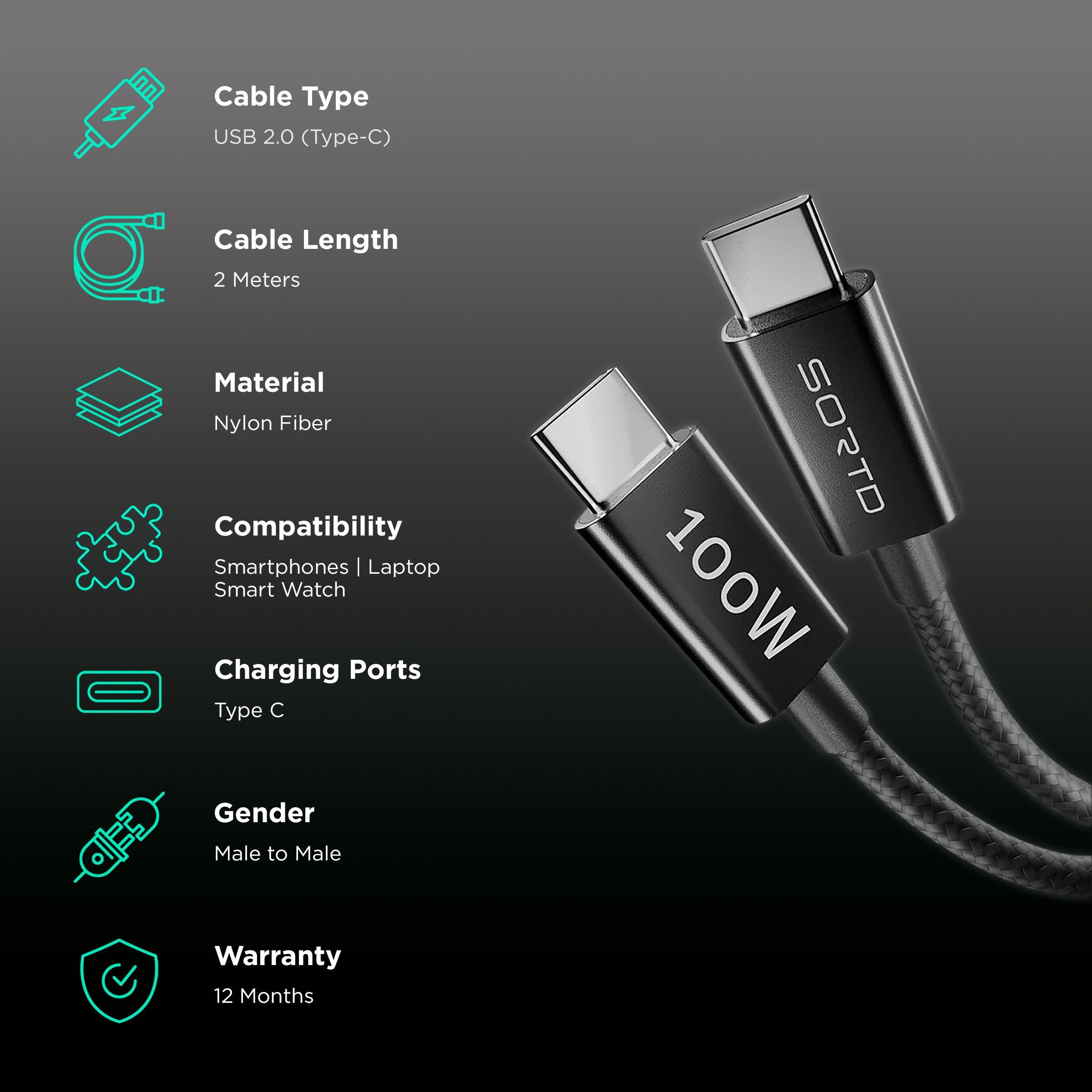 Sortd Type C to Type C 6.6 Feet (2M) Cable (In-Build Smart E Marker Chip, Black)_2