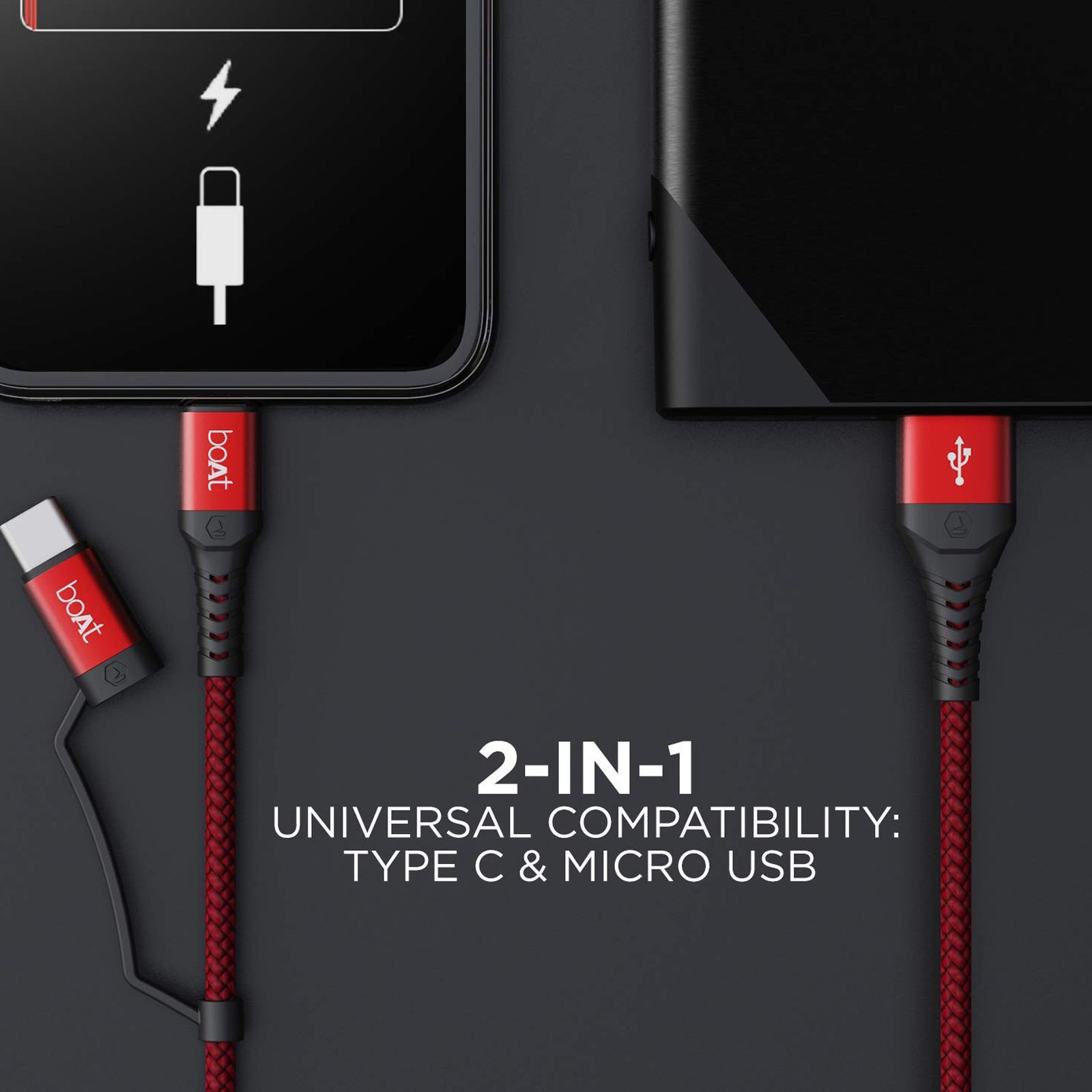 boAt Deuce 300 Type A to Type C, Micro USB 4.9 Feet (1.5M) 2-in-1 Cable (Tangle-free Design, Martian Red) boAt Deuce 300 Type A to Type C, Micro USB 4.9 Feet (1.5M) 2-in-1 Cable (Tangle-free Design, Martian Red)_6