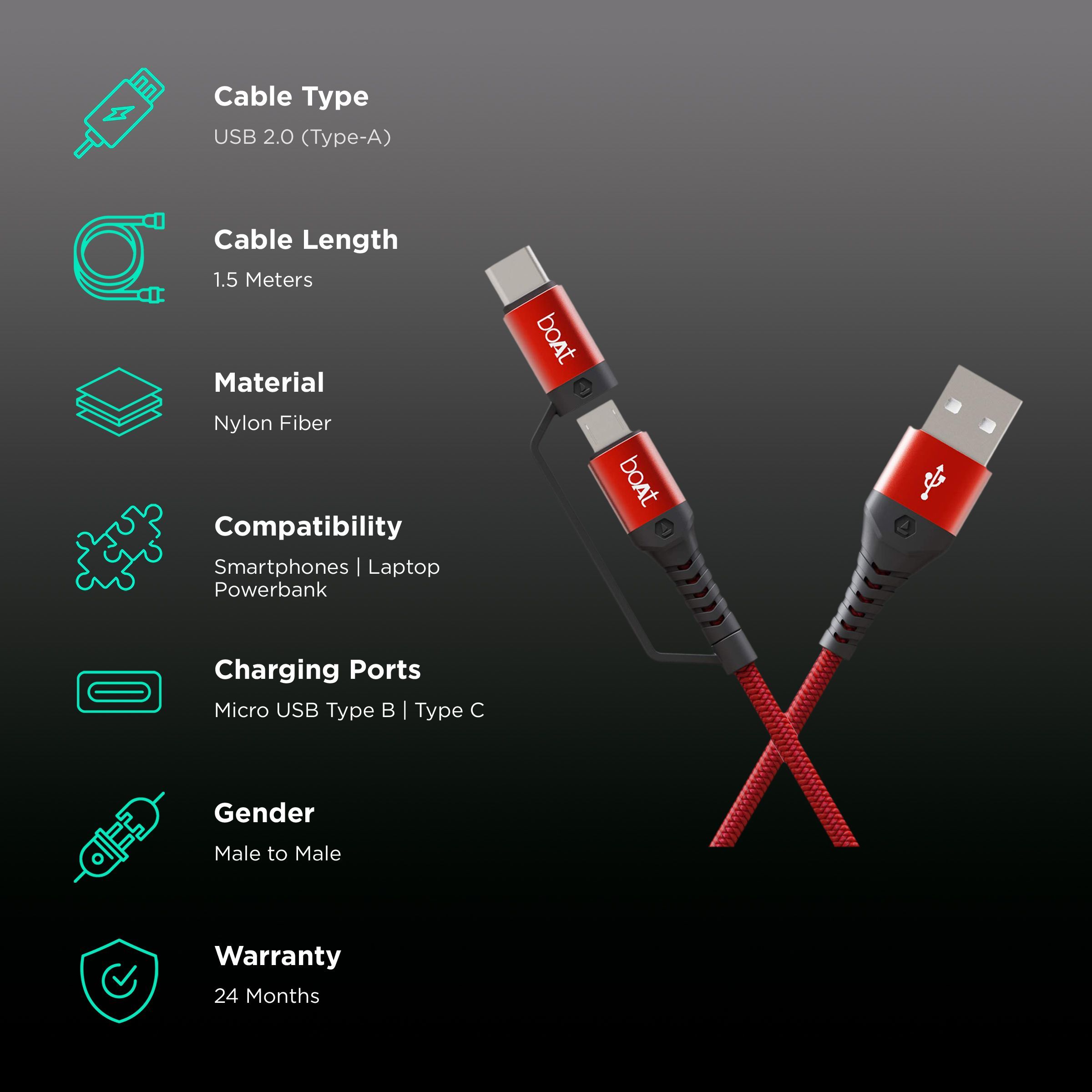 boAt Deuce 300 Type A to Type C, Micro USB 4.9 Feet (1.5M) 2-in-1 Cable (Tangle-free Design, Martian Red) boAt Deuce 300 Type A to Type C, Micro USB 4.9 Feet (1.5M) 2-in-1 Cable (Tangle-free Design, Martian Red)_2