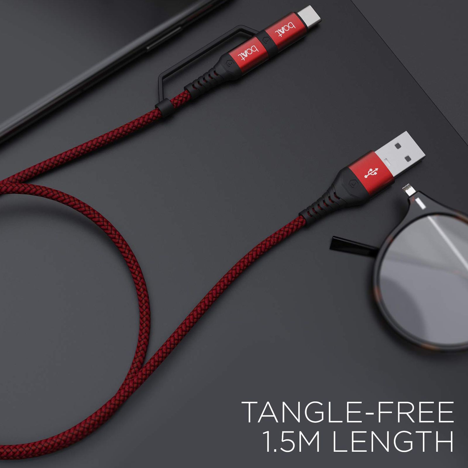 boAt Deuce 300 Type A to Type C, Micro USB 4.9 Feet (1.5M) 2-in-1 Cable (Tangle-free Design, Martian Red) boAt Deuce 300 Type A to Type C, Micro USB 4.9 Feet (1.5M) 2-in-1 Cable (Tangle-free Design, Martian Red)_3