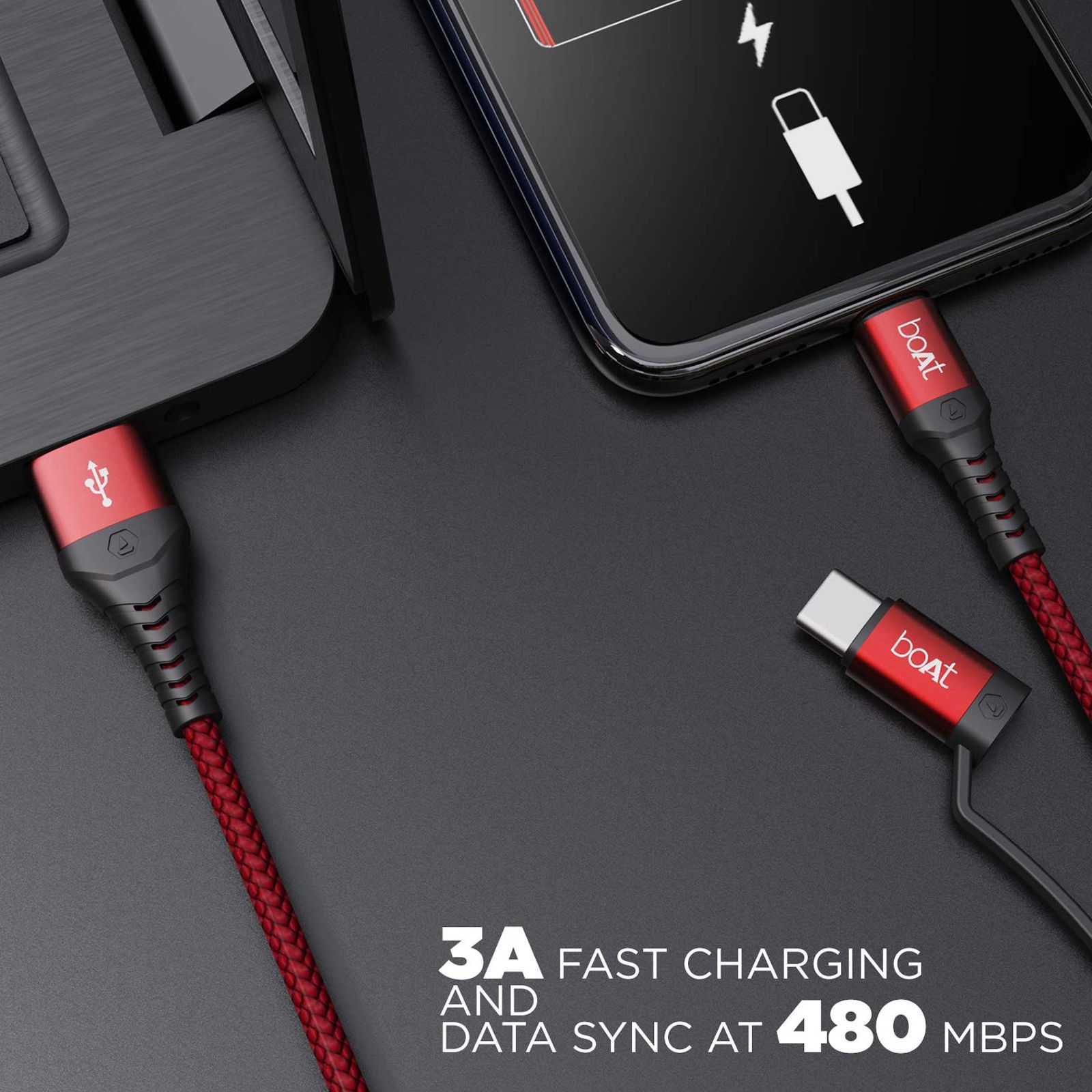 boAt Deuce 300 Type A to Type C, Micro USB 4.9 Feet (1.5M) 2-in-1 Cable (Tangle-free Design, Martian Red) boAt Deuce 300 Type A to Type C, Micro USB 4.9 Feet (1.5M) 2-in-1 Cable (Tangle-free Design, Martian Red)_5